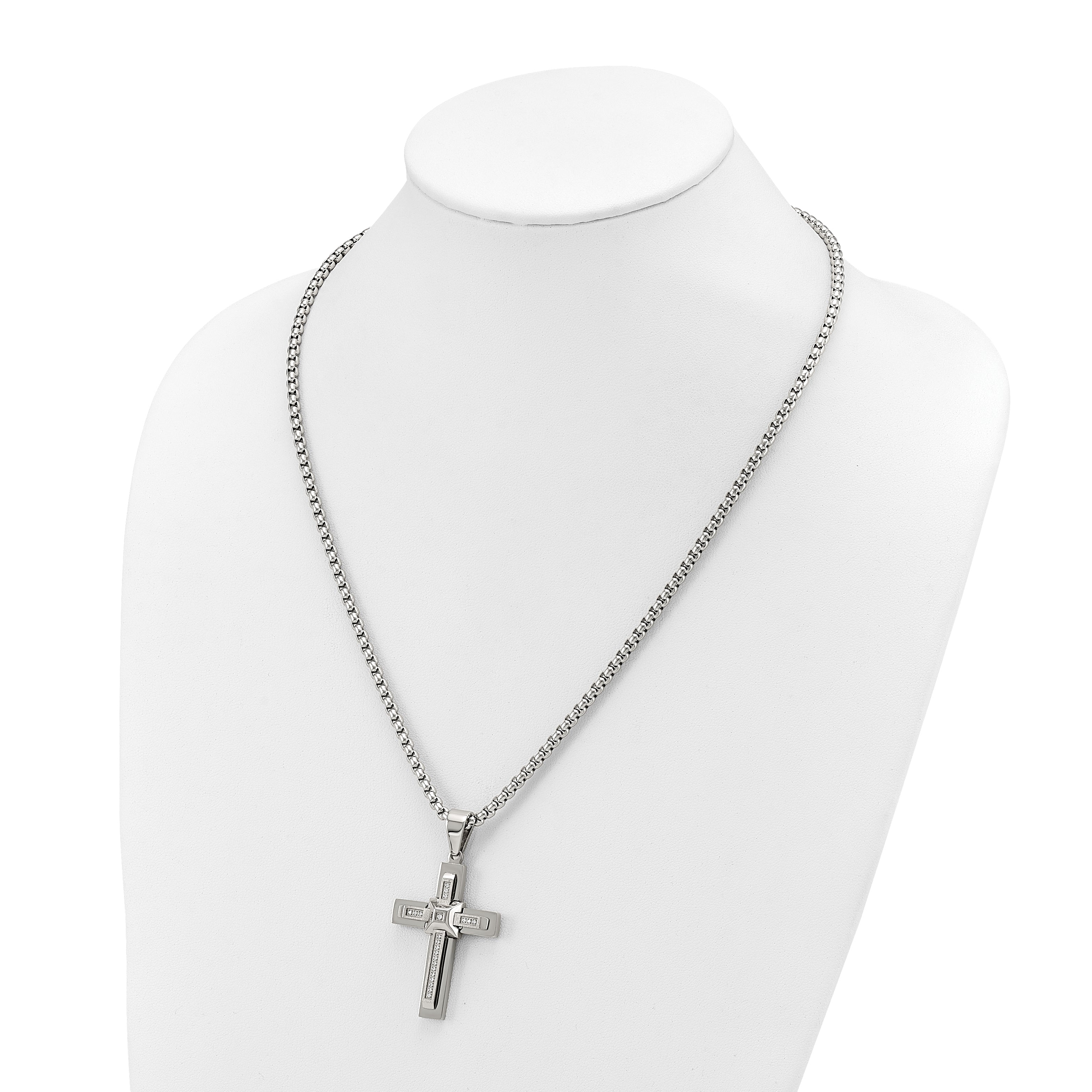 Men's Polished Cubic Zirconia Cross Stainless Steel Box Chain Necklace 3.1mm