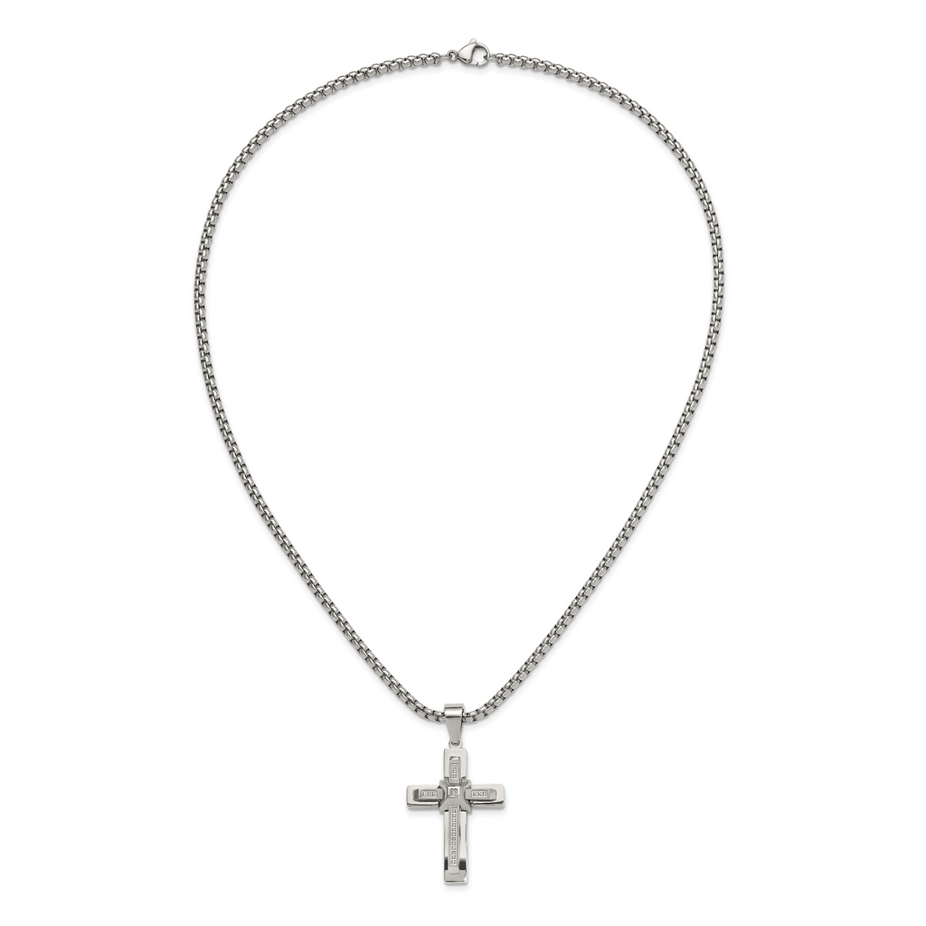 Men's Polished Cubic Zirconia Cross Stainless Steel Box Chain Necklace 3.1mm