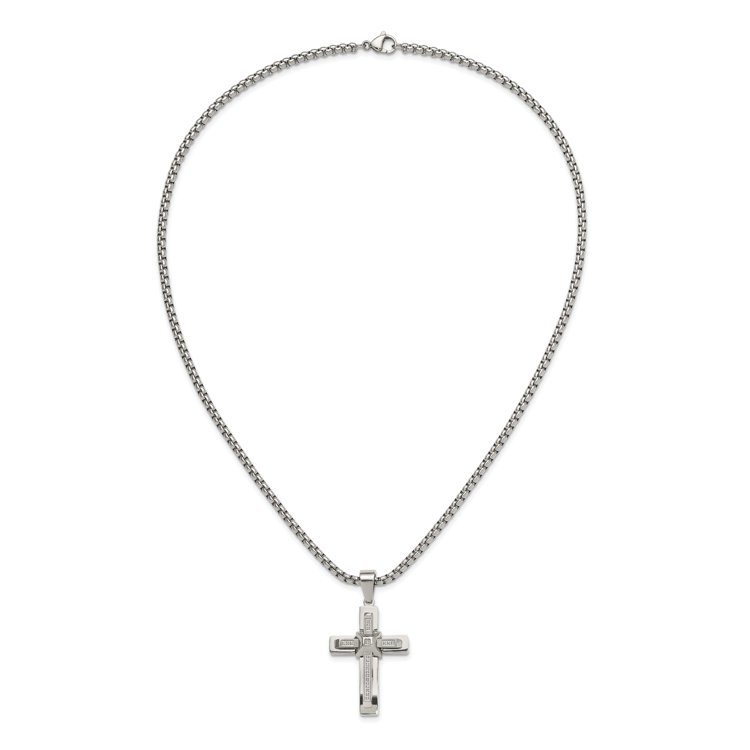 Men's Polished Cubic Zirconia Cross Stainless Steel Box Chain Necklace 3.1mm