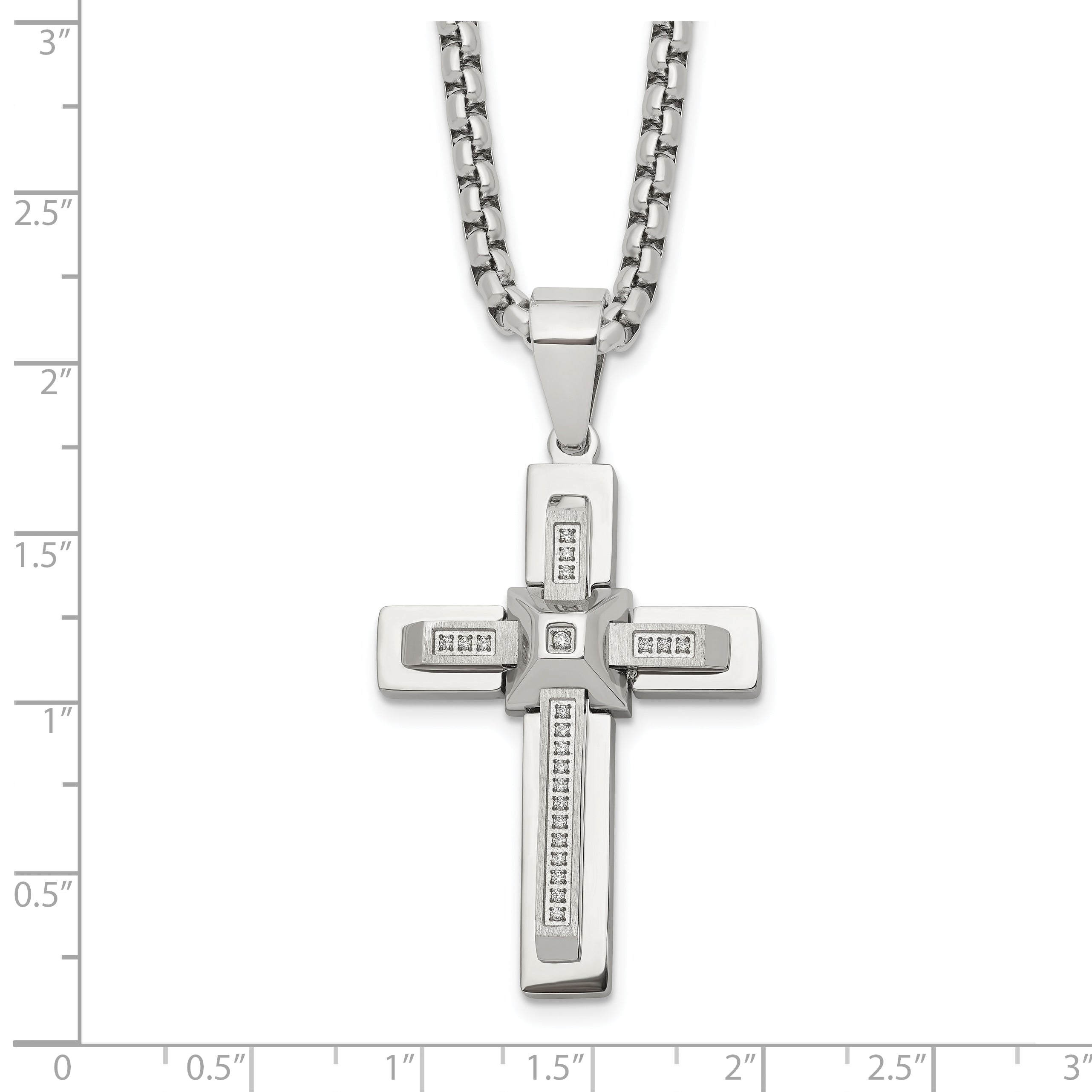 Men's Polished Cubic Zirconia Cross Stainless Steel Box Chain Necklace 3.1mm