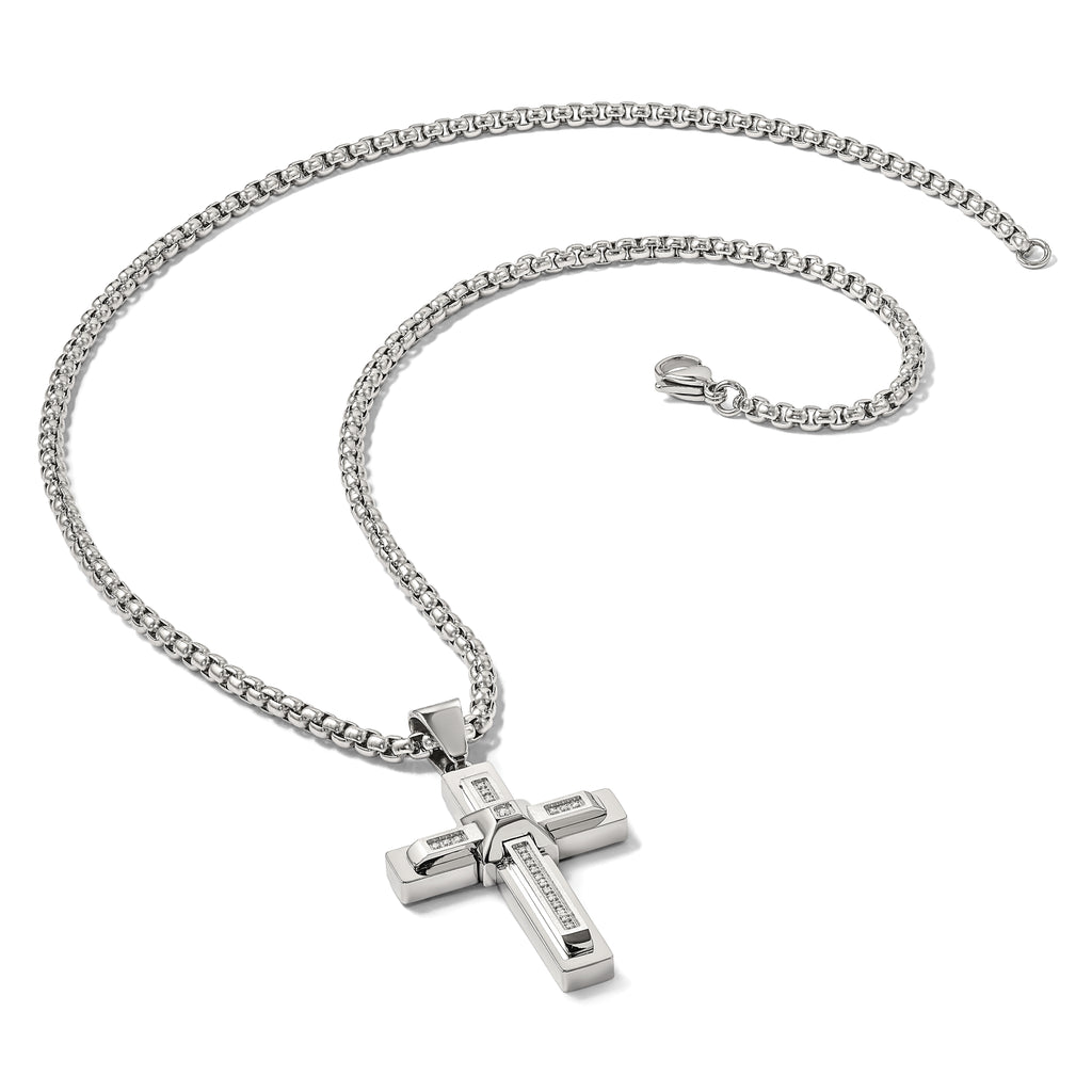 Men's Polished Cubic Zirconia Cross Stainless Steel Box Chain Necklace 3.1mm