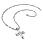 Men's Polished Cubic Zirconia Cross Stainless Steel Box Chain Necklace 3.1mm