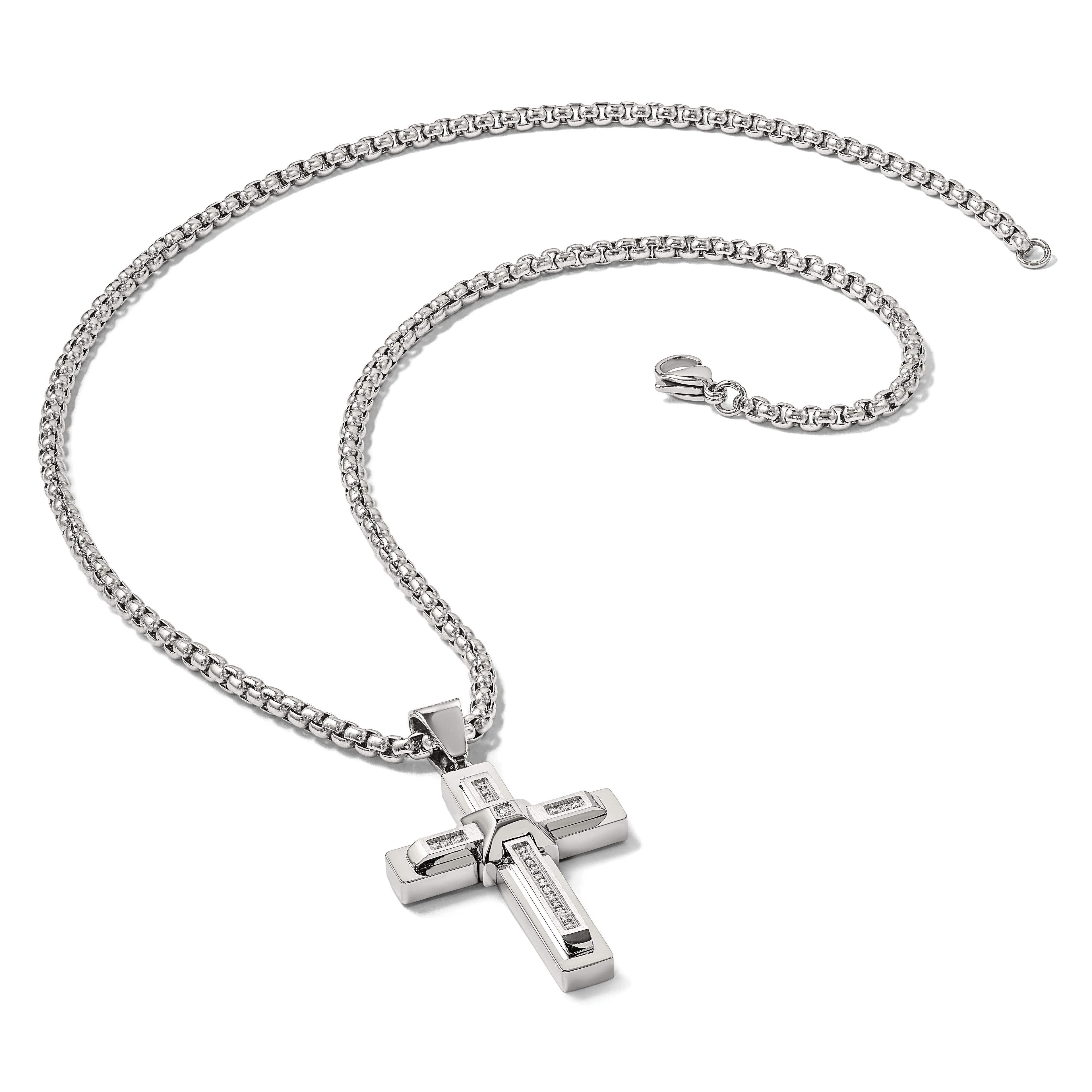 Men's Polished Cubic Zirconia Cross Stainless Steel Box Chain Necklace 3.1mm