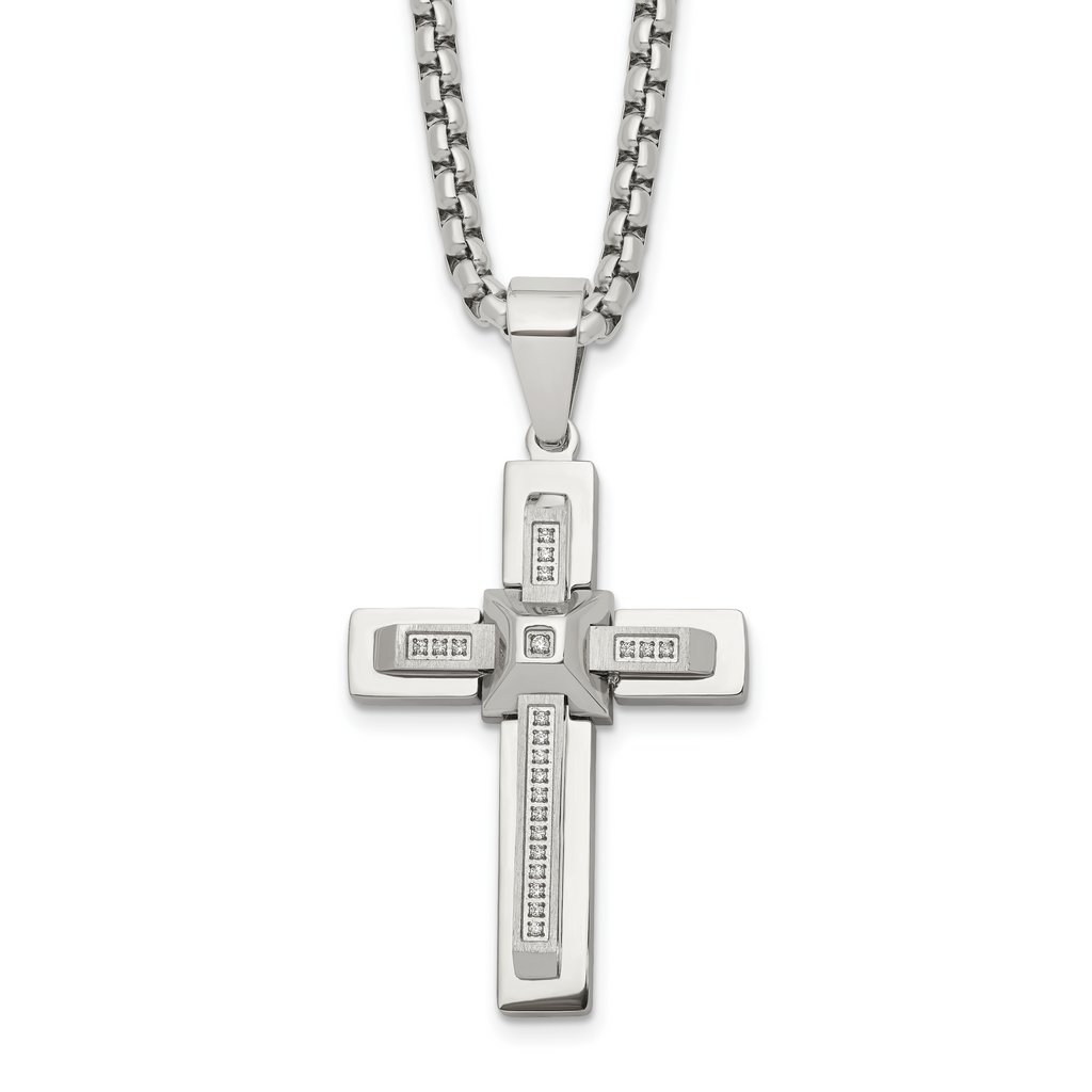 Men's Polished Cubic Zirconia Cross Stainless Steel Box Chain Necklace 3.1mm