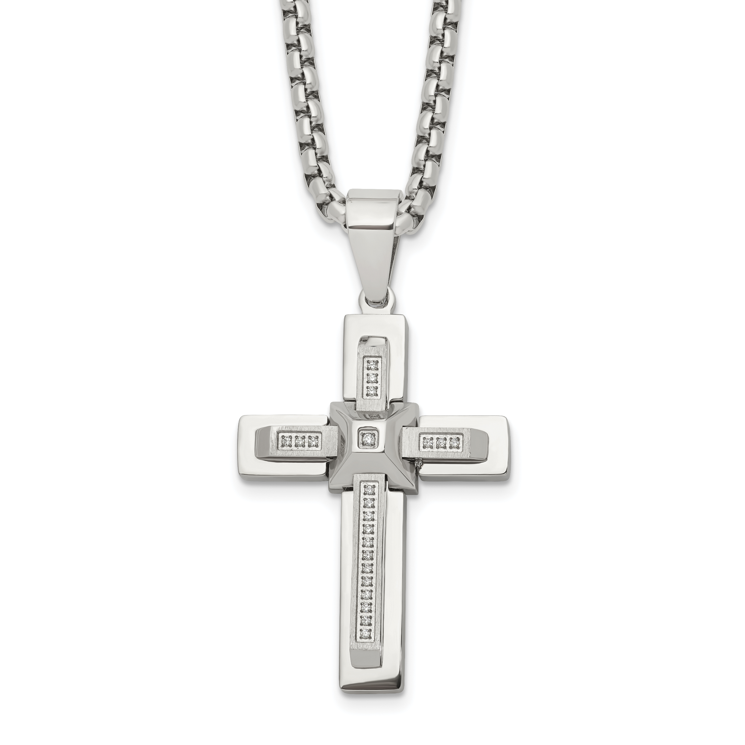 Men's Polished Cubic Zirconia Cross Stainless Steel Box Chain Necklace 3.1mm