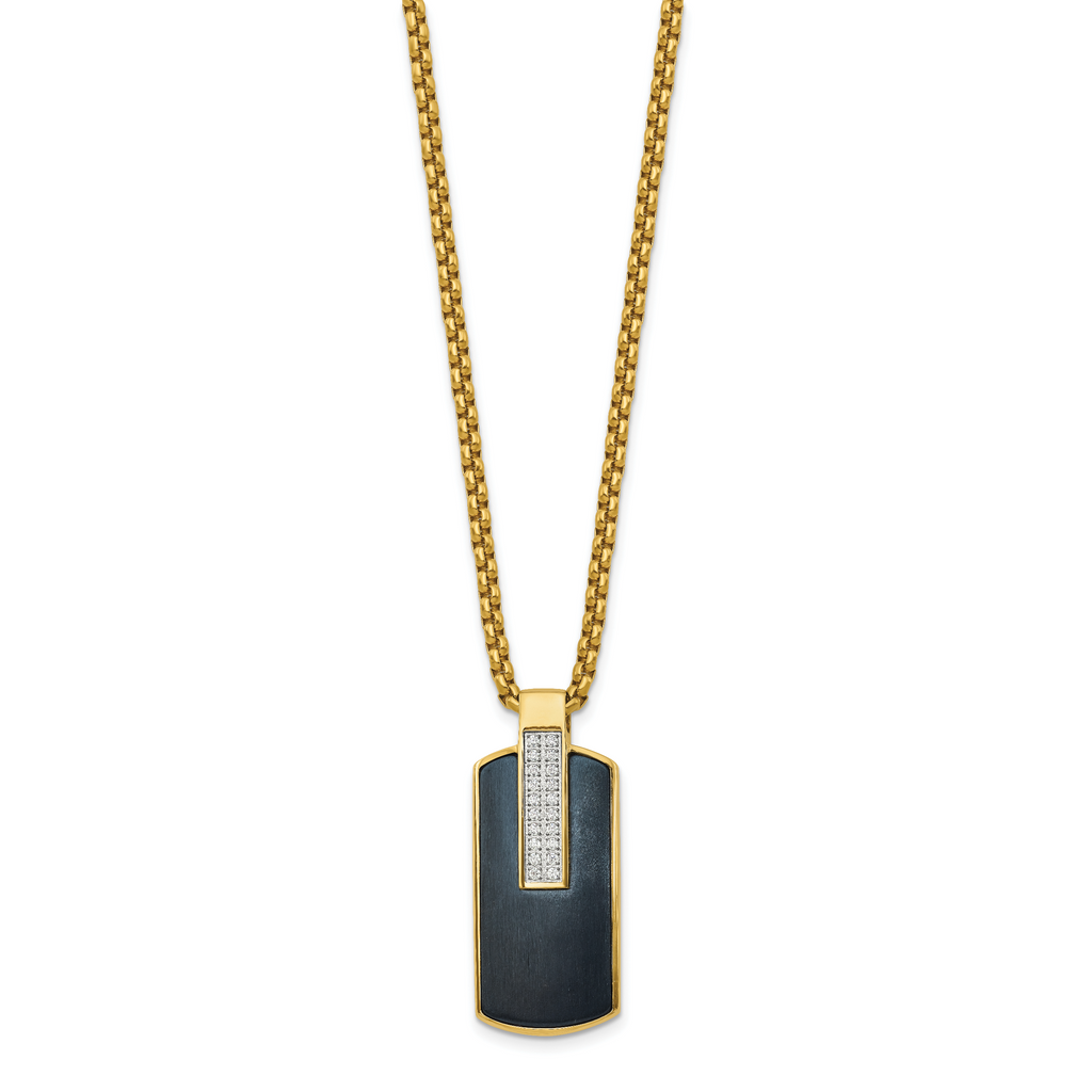 Men's Gold-Tone Polished Cubic Zirconia Dog Tag Stainless Steel Box Chain Pendant Necklace 2.55mm