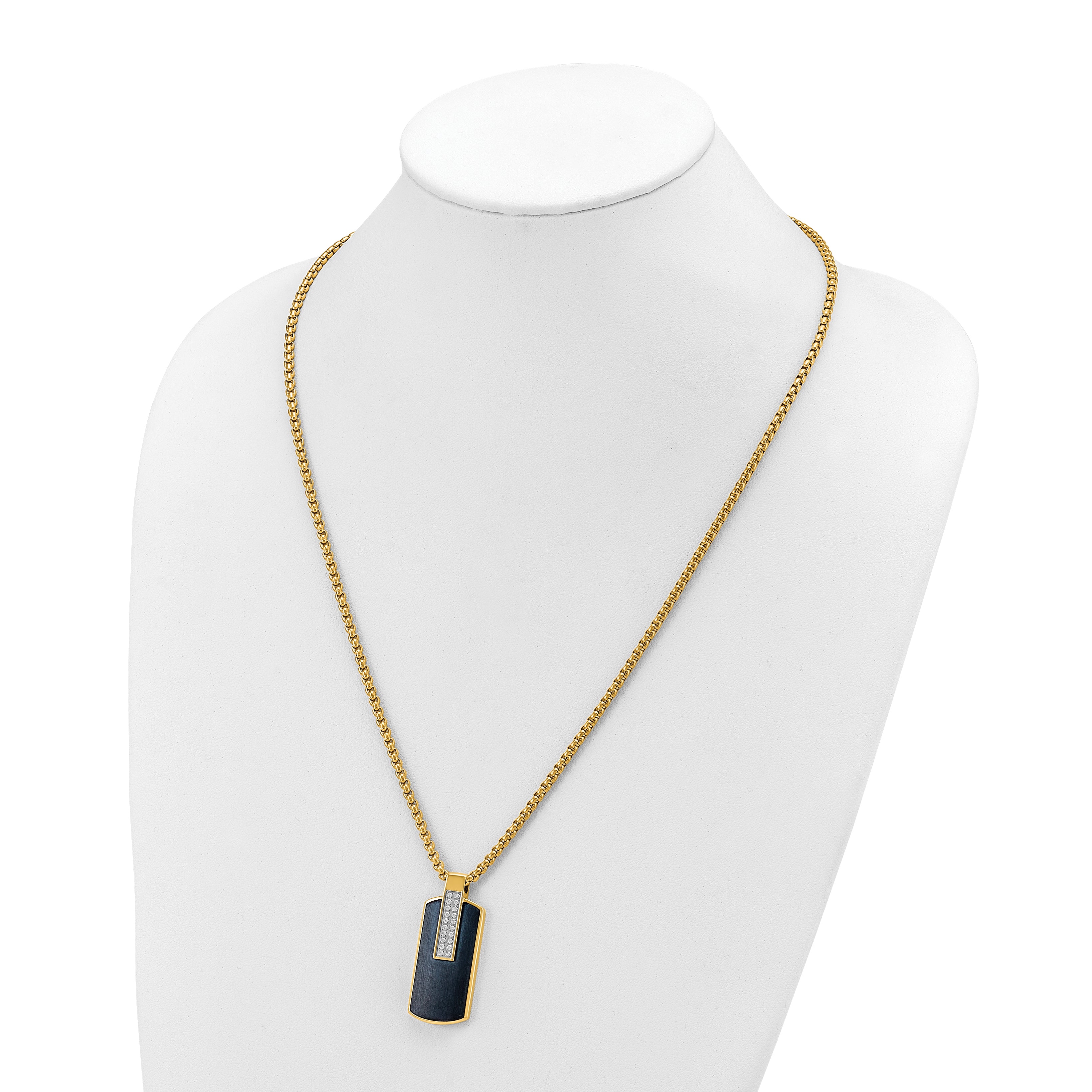 Men's Gold-Tone Polished Cubic Zirconia Dog Tag Stainless Steel Box Chain Pendant Necklace 2.55mm