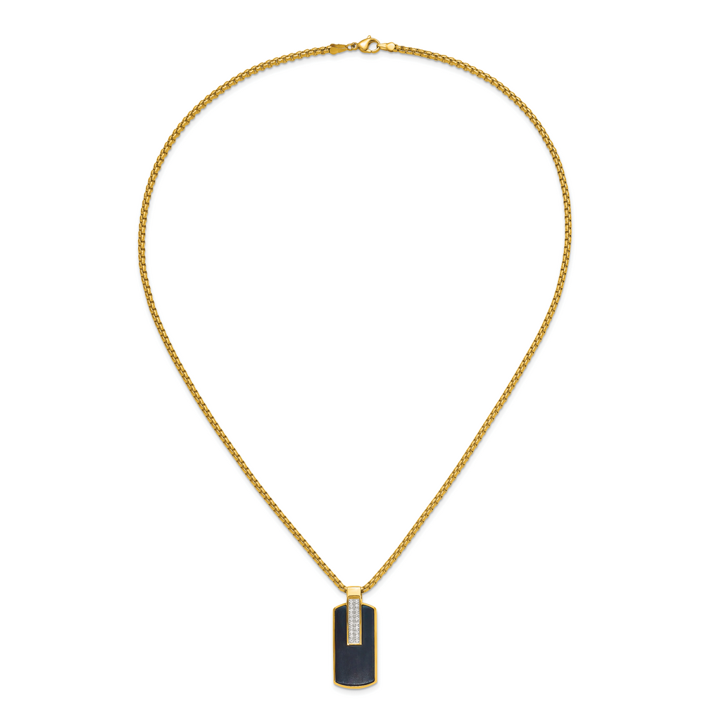 Men's Gold-Tone Polished Cubic Zirconia Dog Tag Stainless Steel Box Chain Pendant Necklace 2.55mm