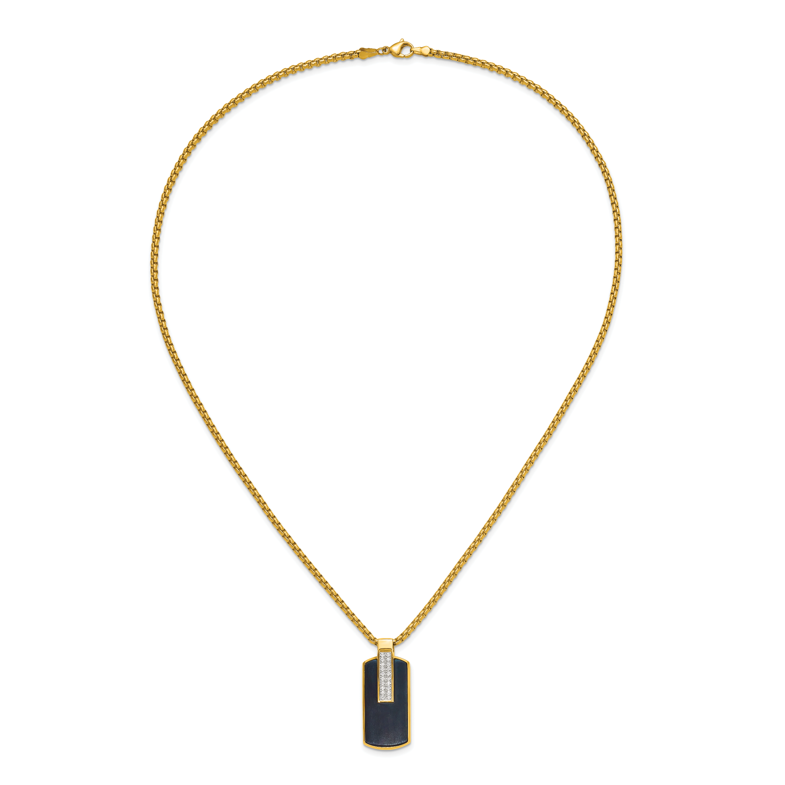 Men's Gold-Tone Polished Cubic Zirconia Dog Tag Stainless Steel Box Chain Pendant Necklace 2.55mm