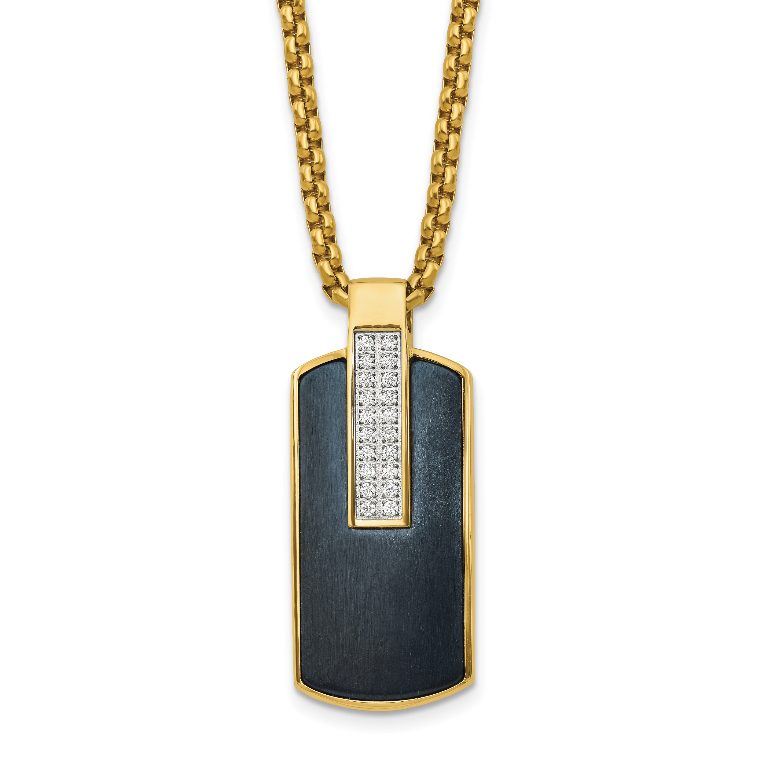 Men's Gold-Tone Polished Cubic Zirconia Dog Tag Stainless Steel Box Chain Pendant Necklace 2.55mm Main image