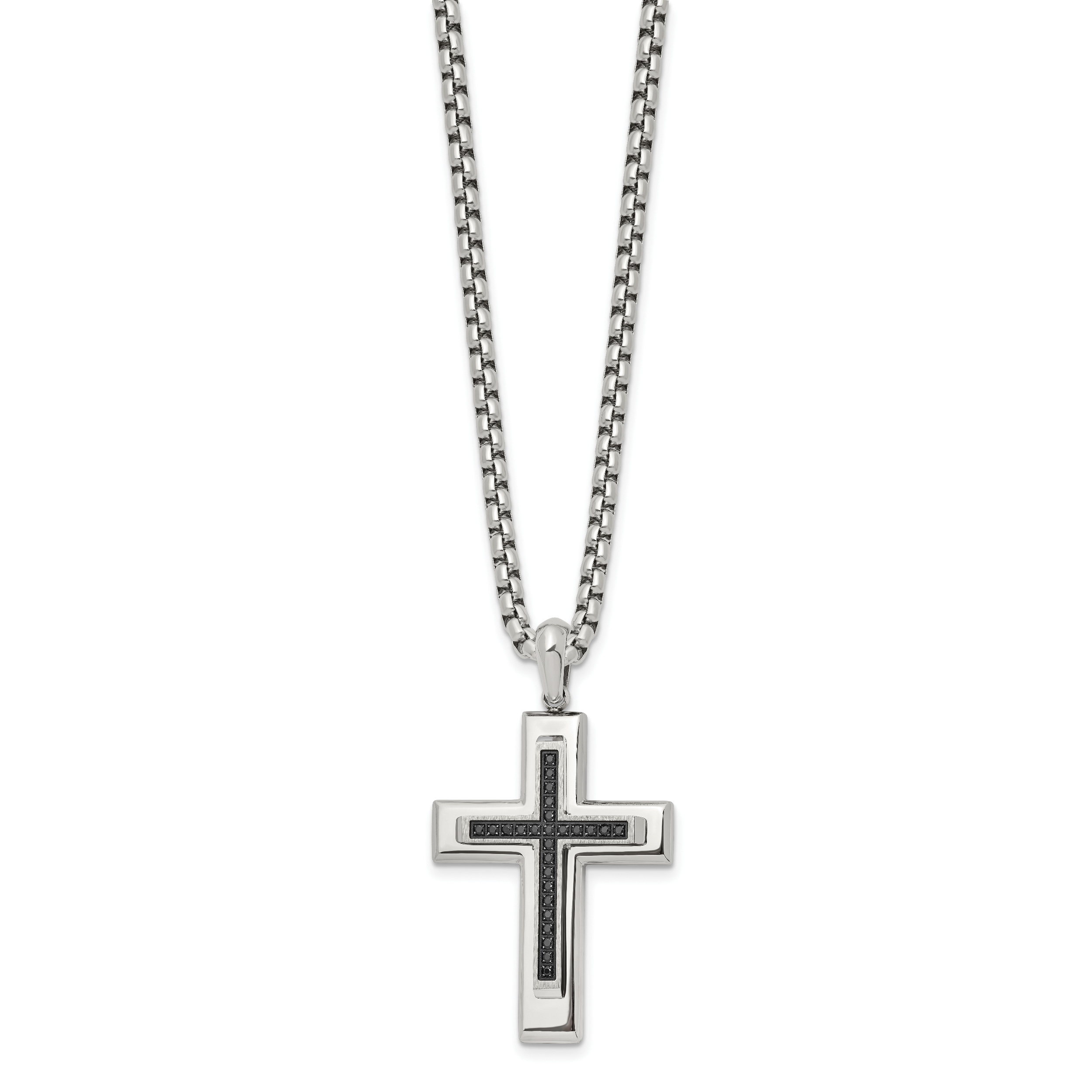 Men's Polished Black Cubic Zirconia Cross Stainless Steel Box Chain Necklace 3.1mm