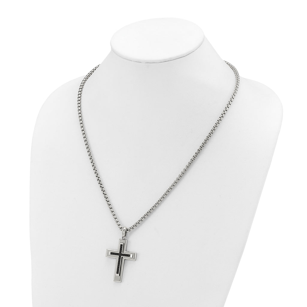 Men's Polished Black Cubic Zirconia Cross Stainless Steel Box Chain Necklace 3.1mm