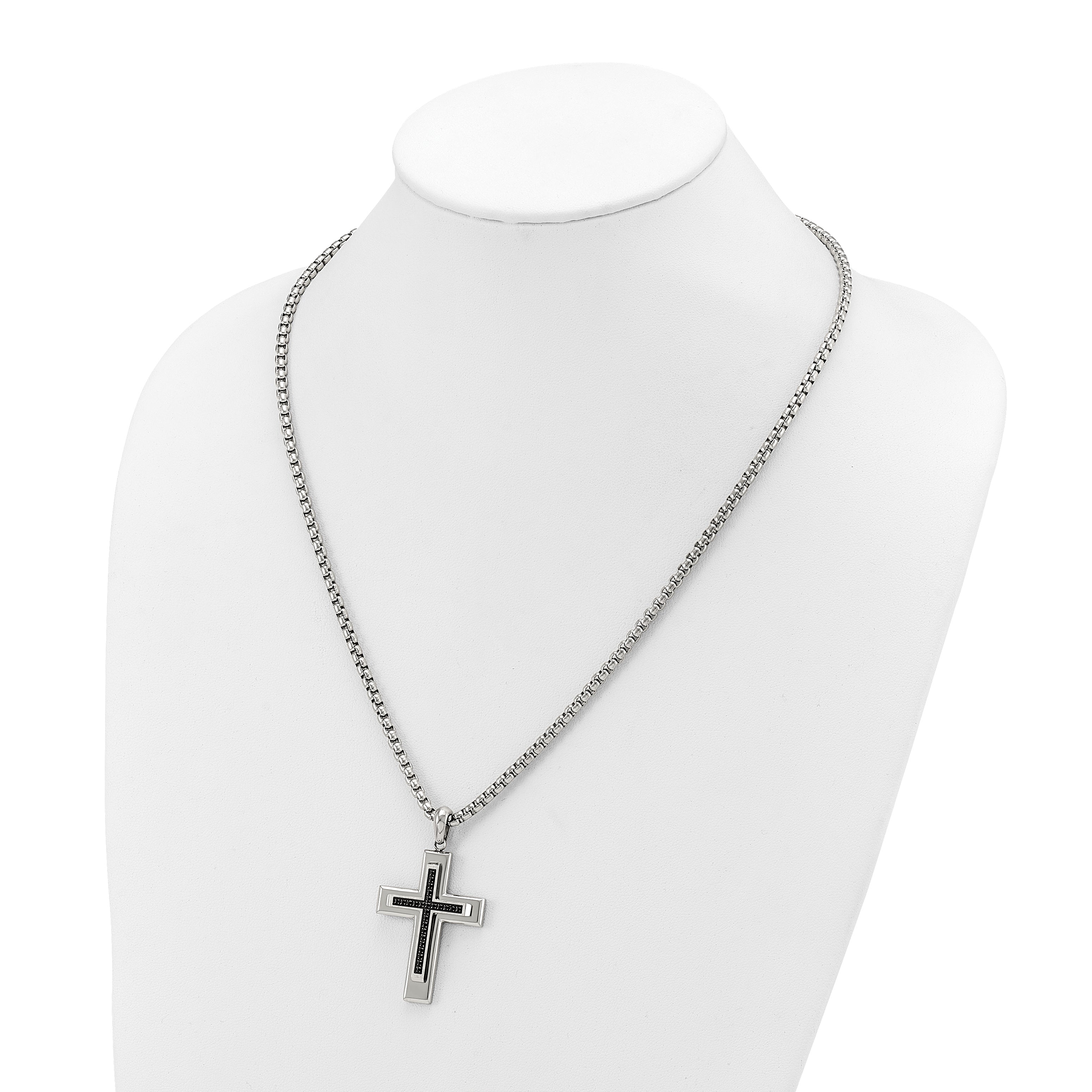 Men's Polished Black Cubic Zirconia Cross Stainless Steel Box Chain Necklace 3.1mm