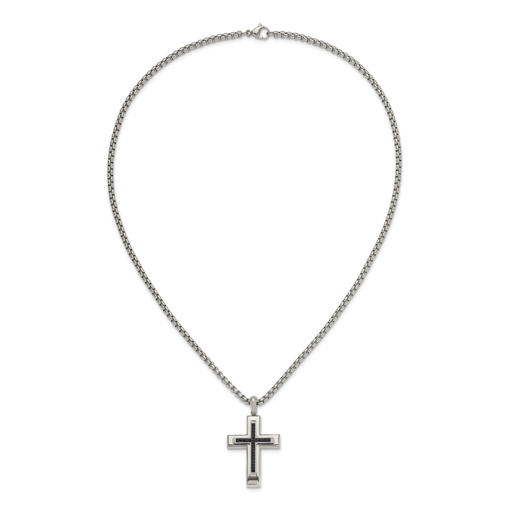 Men's Polished Black Cubic Zirconia Cross Stainless Steel Box Chain Necklace 3.1mm