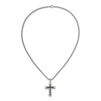 Men's Polished Black Cubic Zirconia Cross Stainless Steel Box Chain Necklace 3.1mm