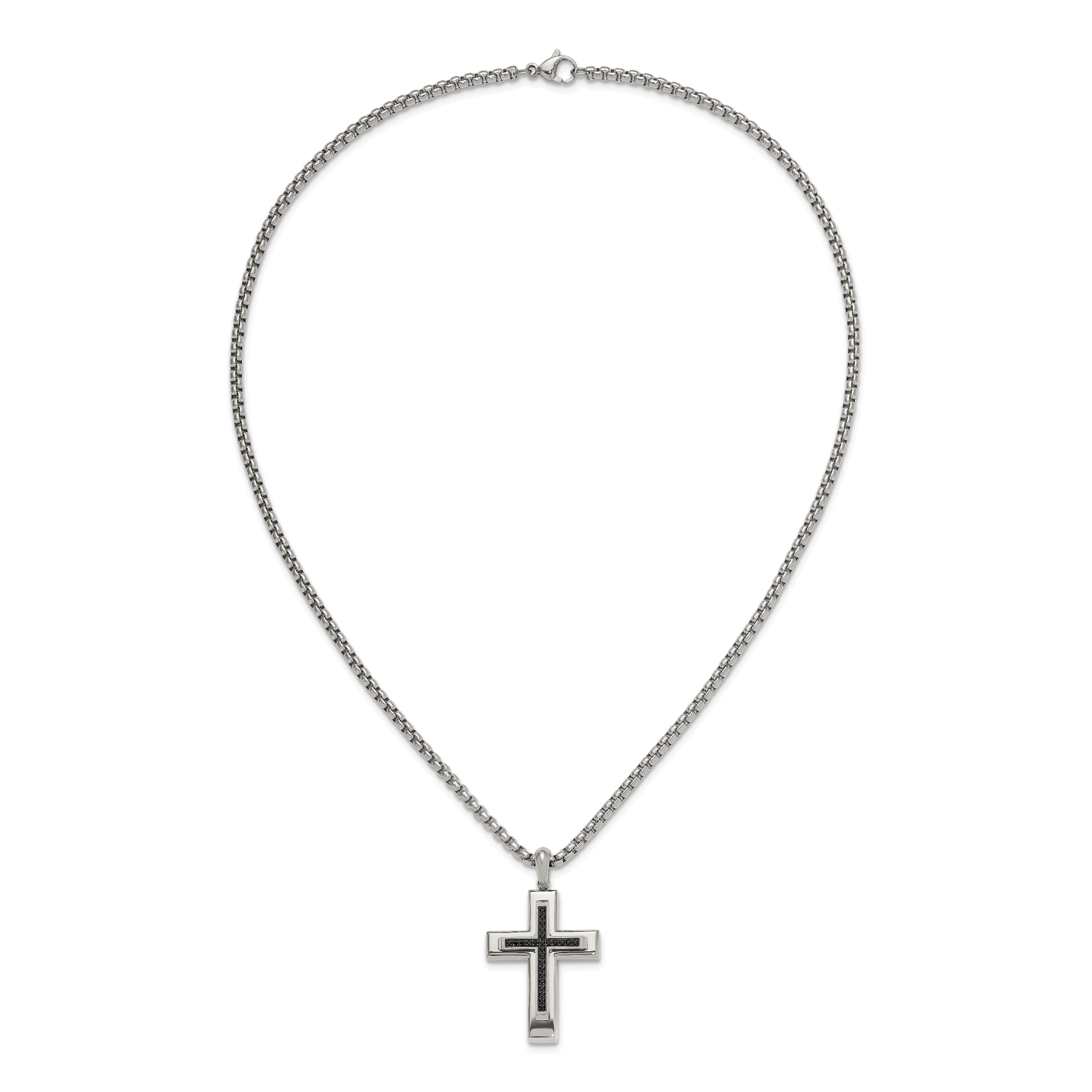 Men's Polished Black Cubic Zirconia Cross Stainless Steel Box Chain Necklace 3.1mm