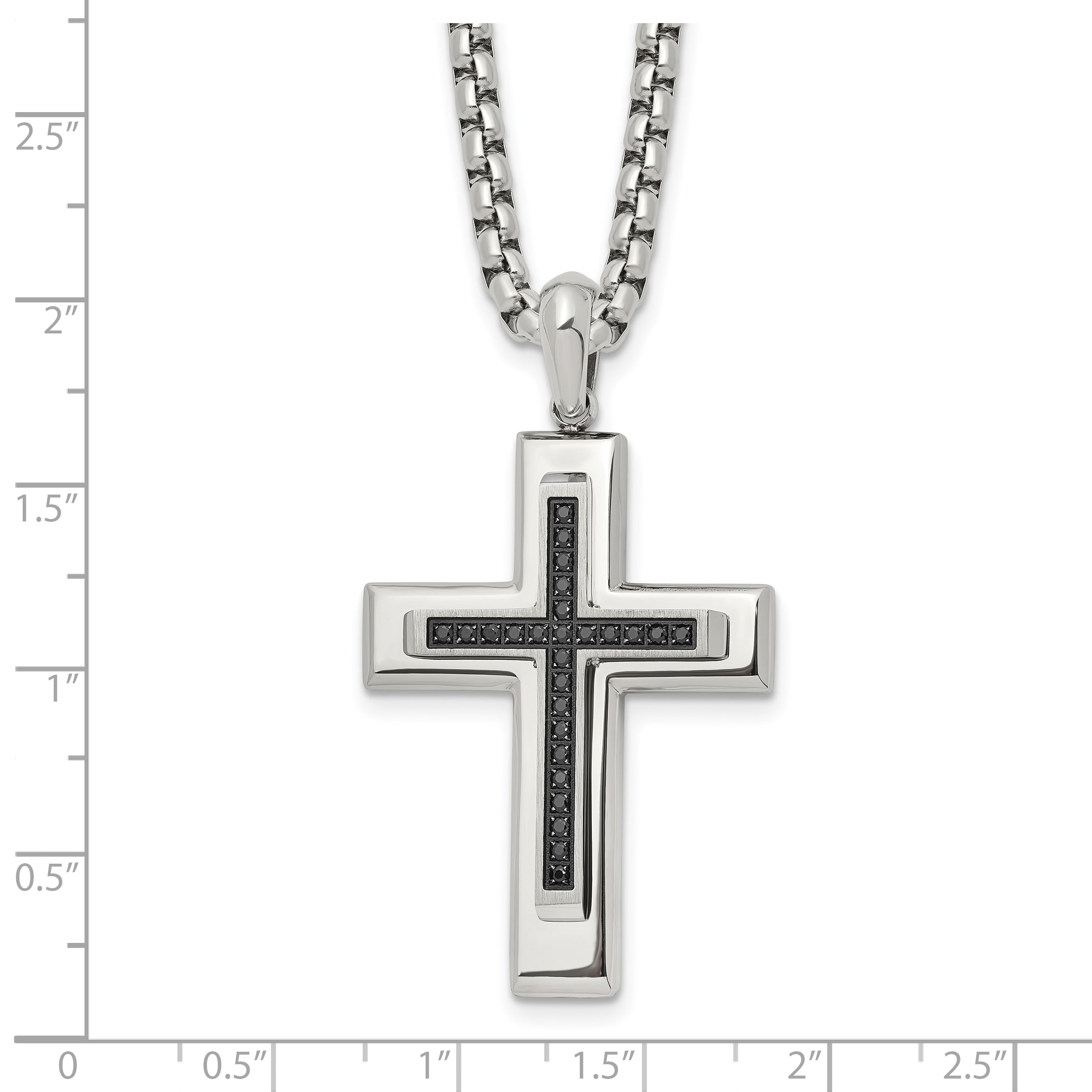 Men's Polished Black Cubic Zirconia Cross Stainless Steel Box Chain Necklace 3.1mm