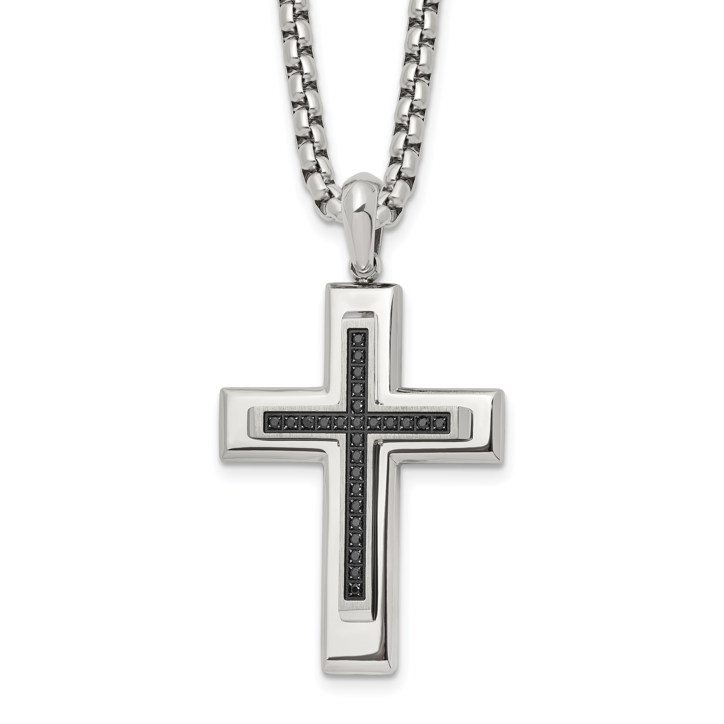 Men's Polished Black Cubic Zirconia Cross Stainless Steel Box Chain Necklace 3.1mm Main image