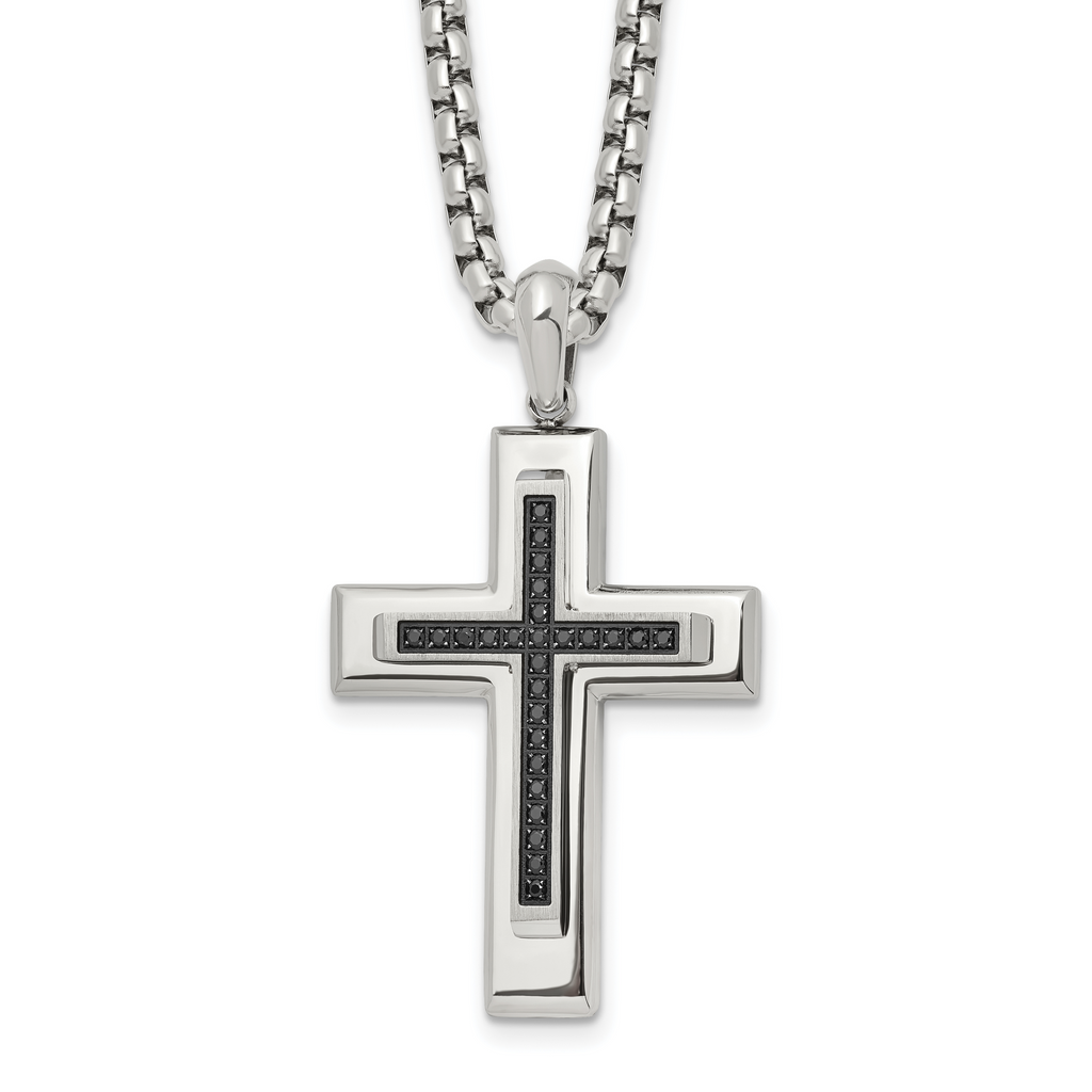 Men's Polished Black Cubic Zirconia Cross Stainless Steel Box Chain Necklace 3.1mm