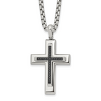 Men's Polished Black Cubic Zirconia Cross Stainless Steel Box Chain Necklace 3.1mm