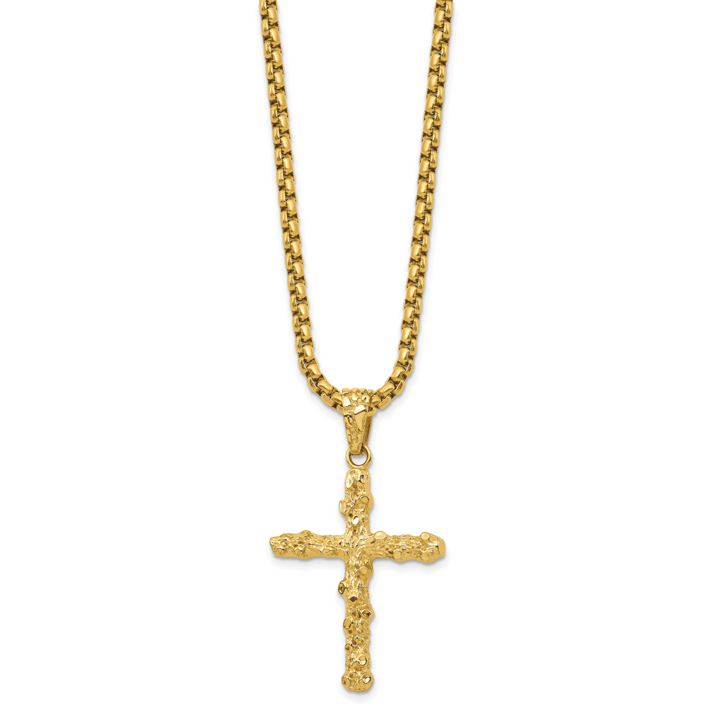 Men's Gold-Tone Polished Nugget Cross Stainless Steel Box Chain Necklace 3.4mm