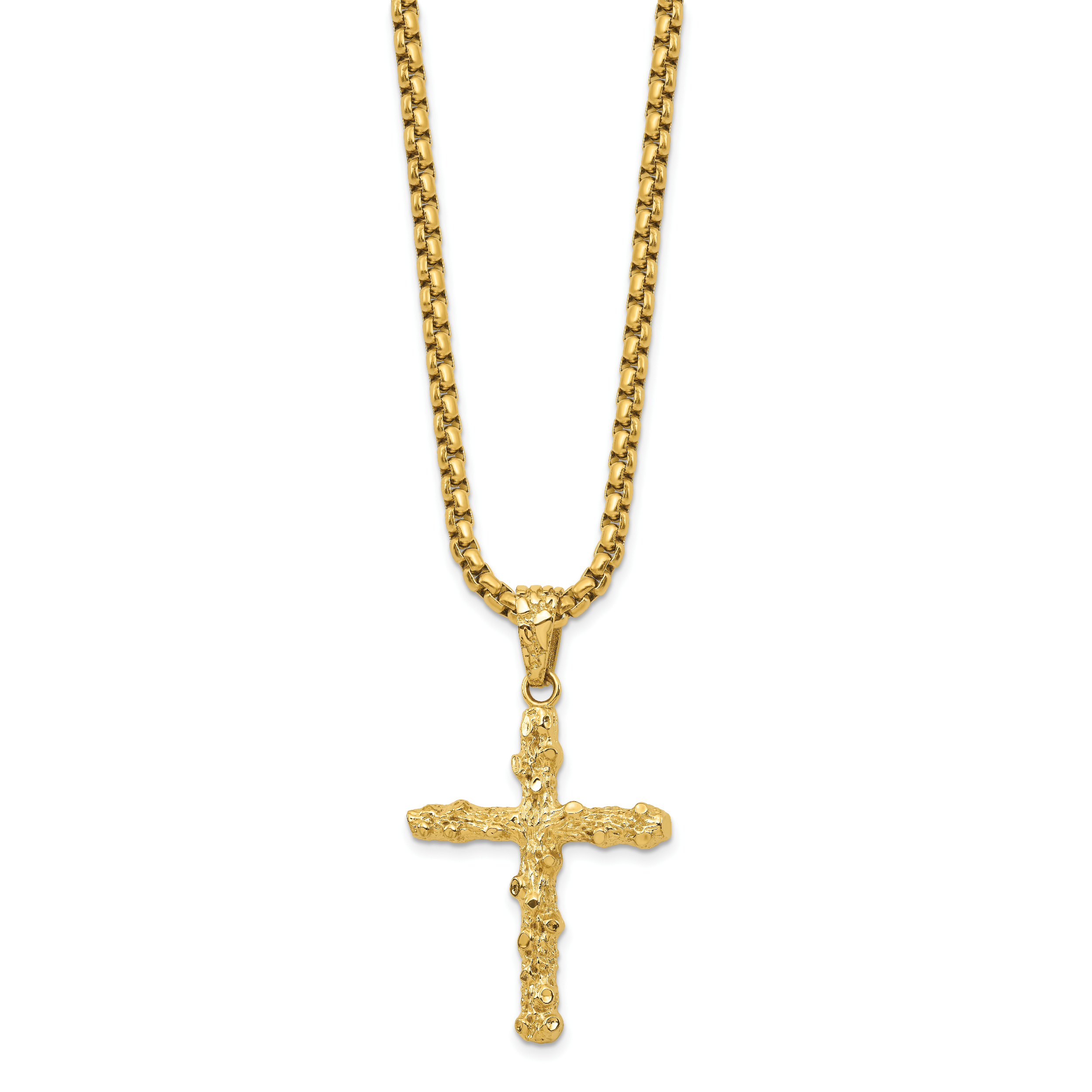 Men's Gold-Tone Polished Nugget Cross Stainless Steel Box Chain Necklace 3.4mm