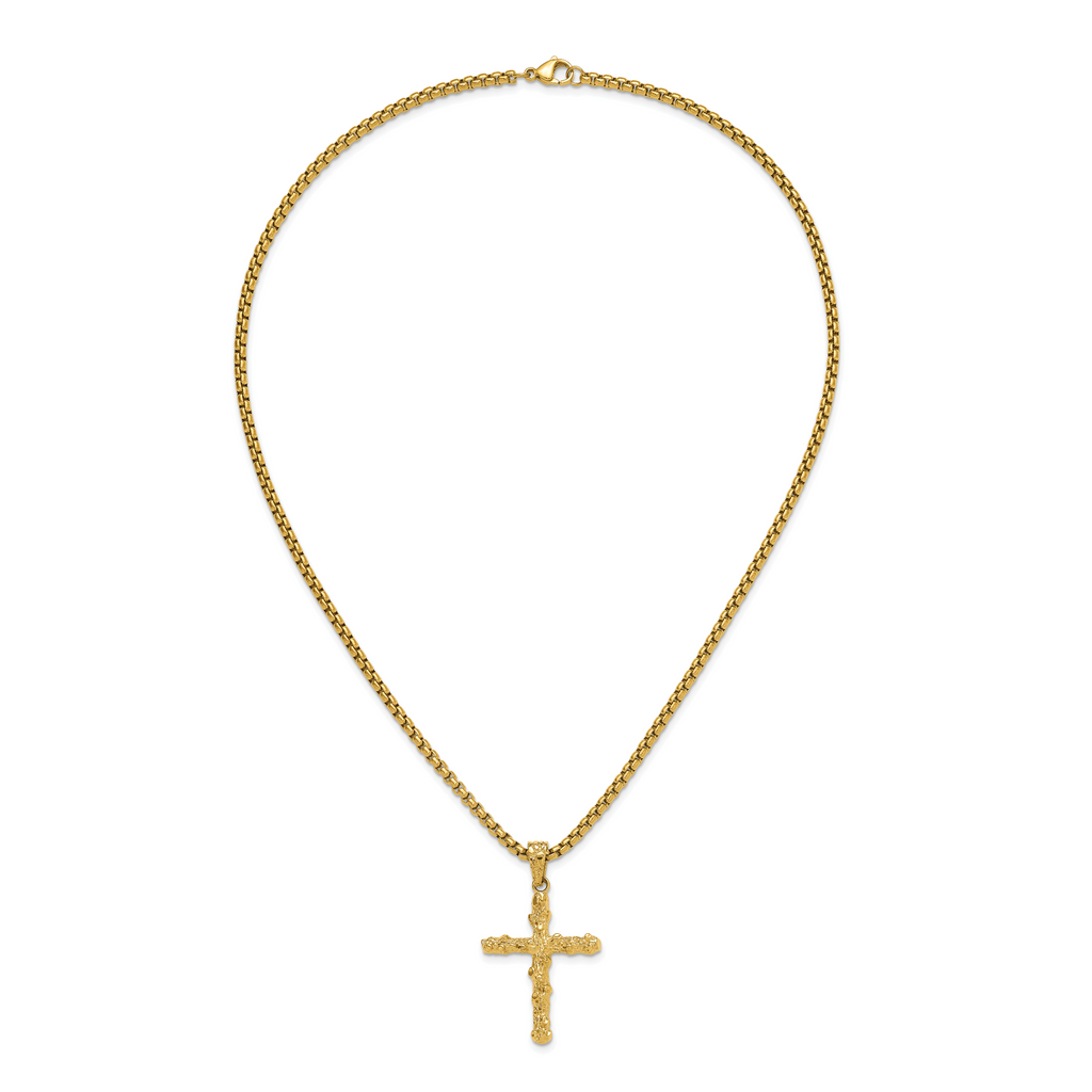 Men's Gold-Tone Polished Nugget Cross Stainless Steel Box Chain Necklace 3.4mm