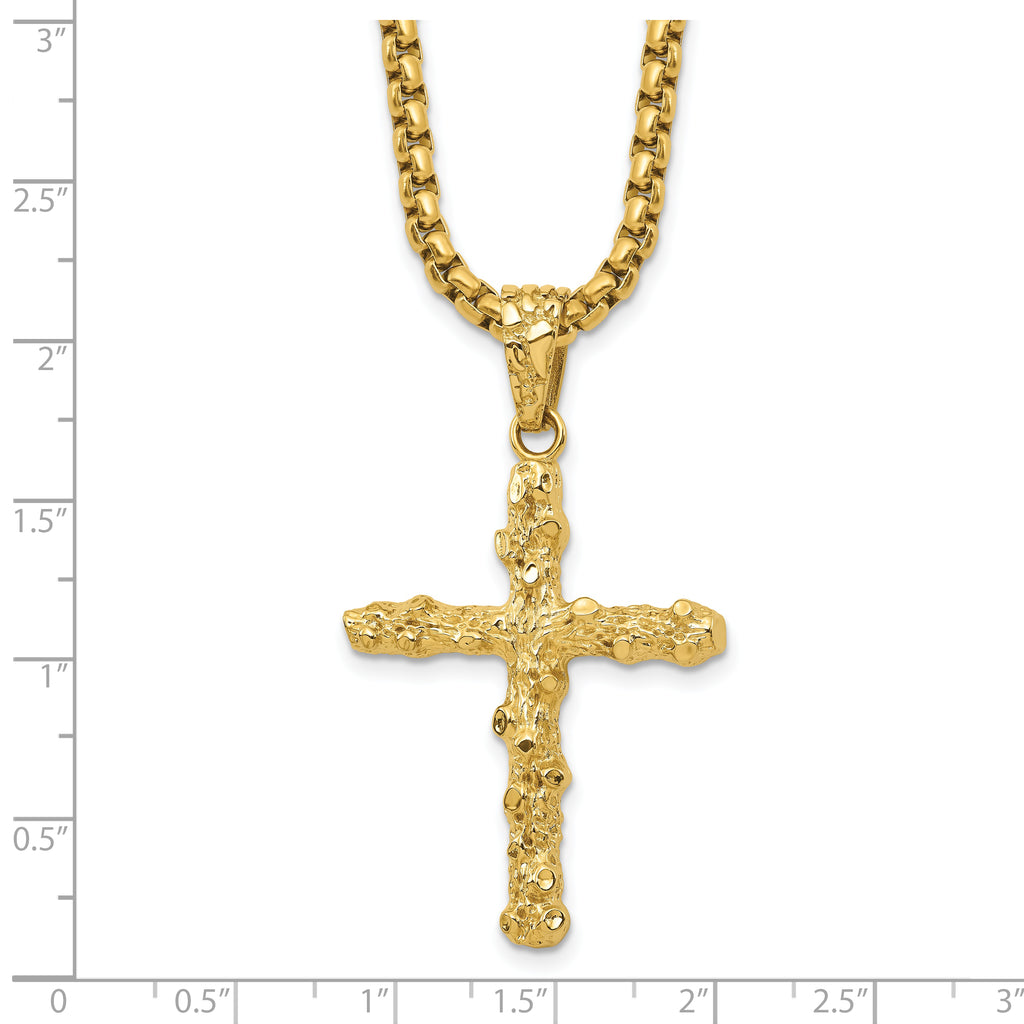 Men's Gold-Tone Polished Nugget Cross Stainless Steel Box Chain Necklace 3.4mm