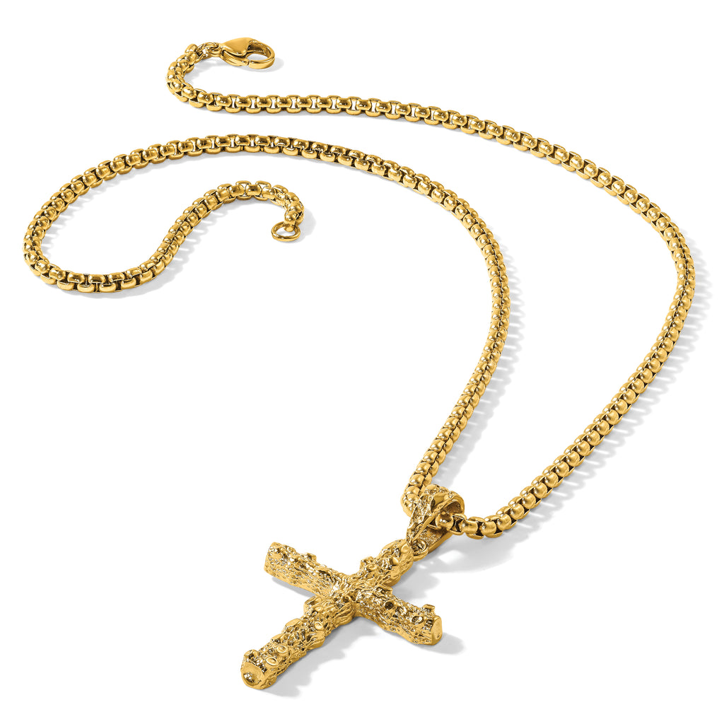 Men's Gold-Tone Polished Nugget Cross Stainless Steel Box Chain Necklace 3.4mm