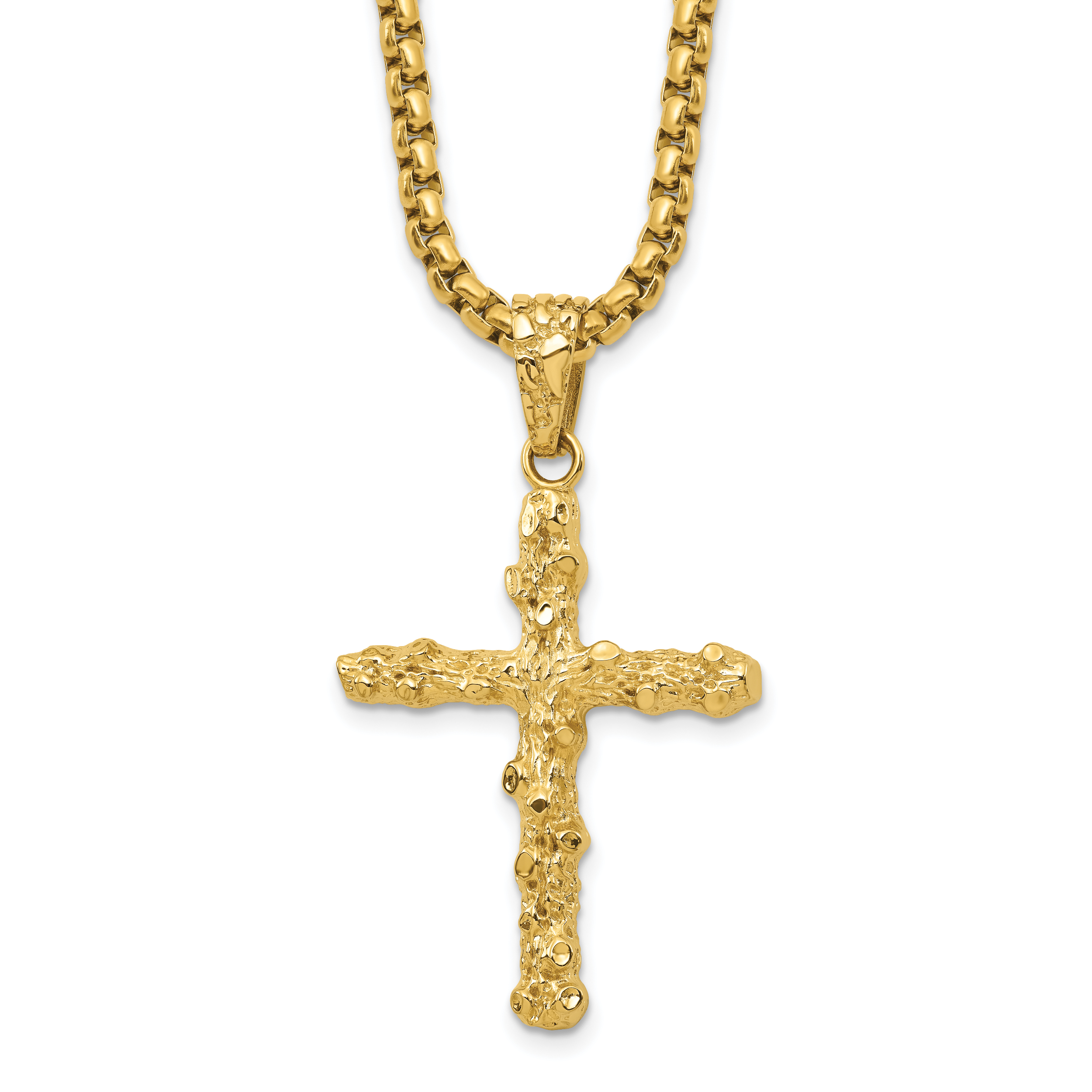 Men's Gold-Tone Polished Nugget Cross Stainless Steel Box Chain Necklace 3.4mm