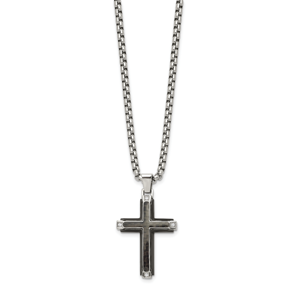 Men's Polished Cubic Zirconia Cross Stainless Steel Box Chain Necklace 3.4mm