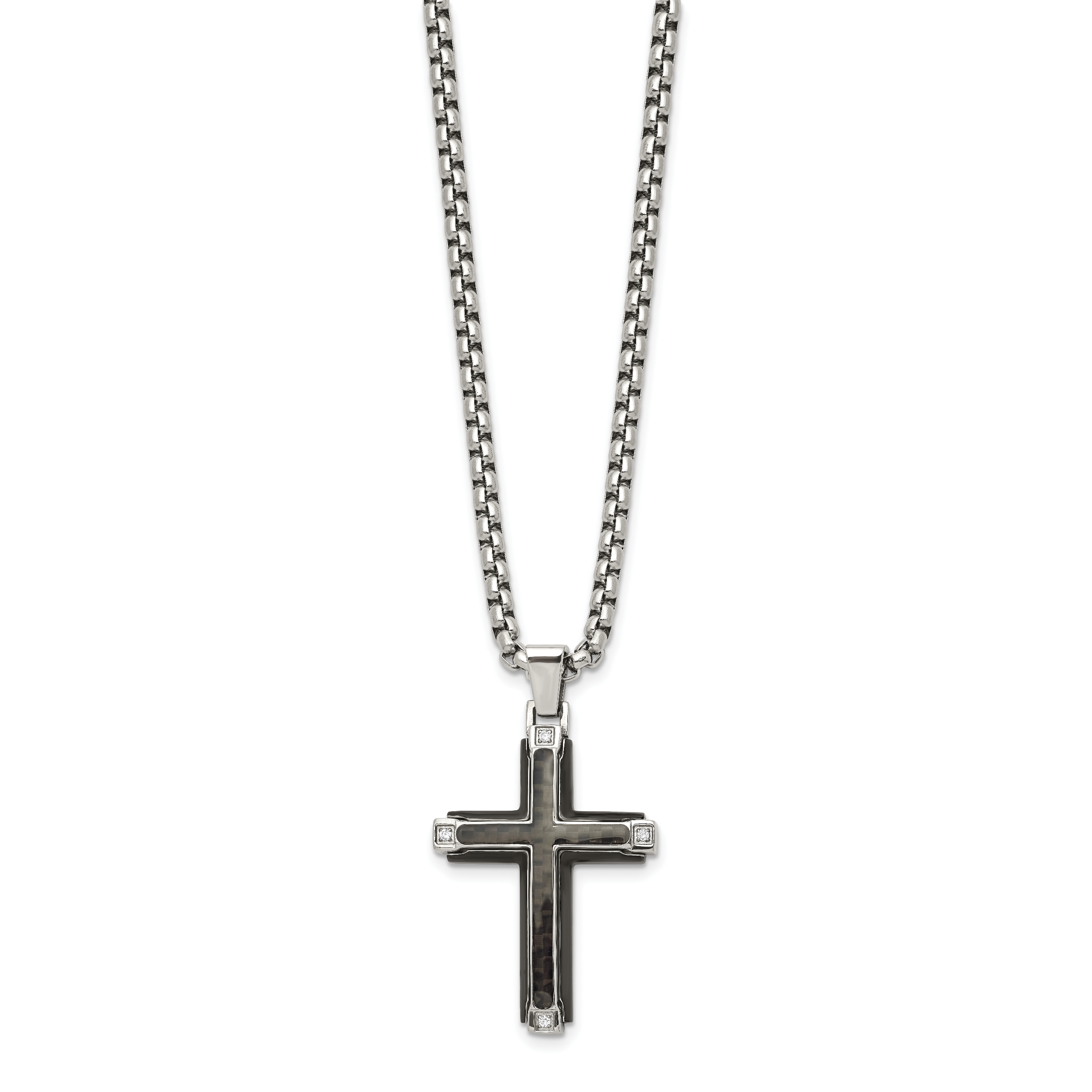 Men's Polished Cubic Zirconia Cross Stainless Steel Box Chain Necklace 3.4mm