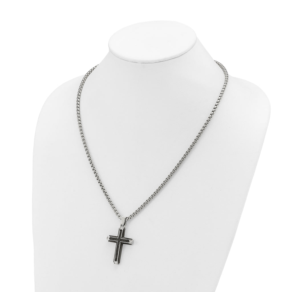 Men's Polished Cubic Zirconia Cross Stainless Steel Box Chain Necklace 3.4mm