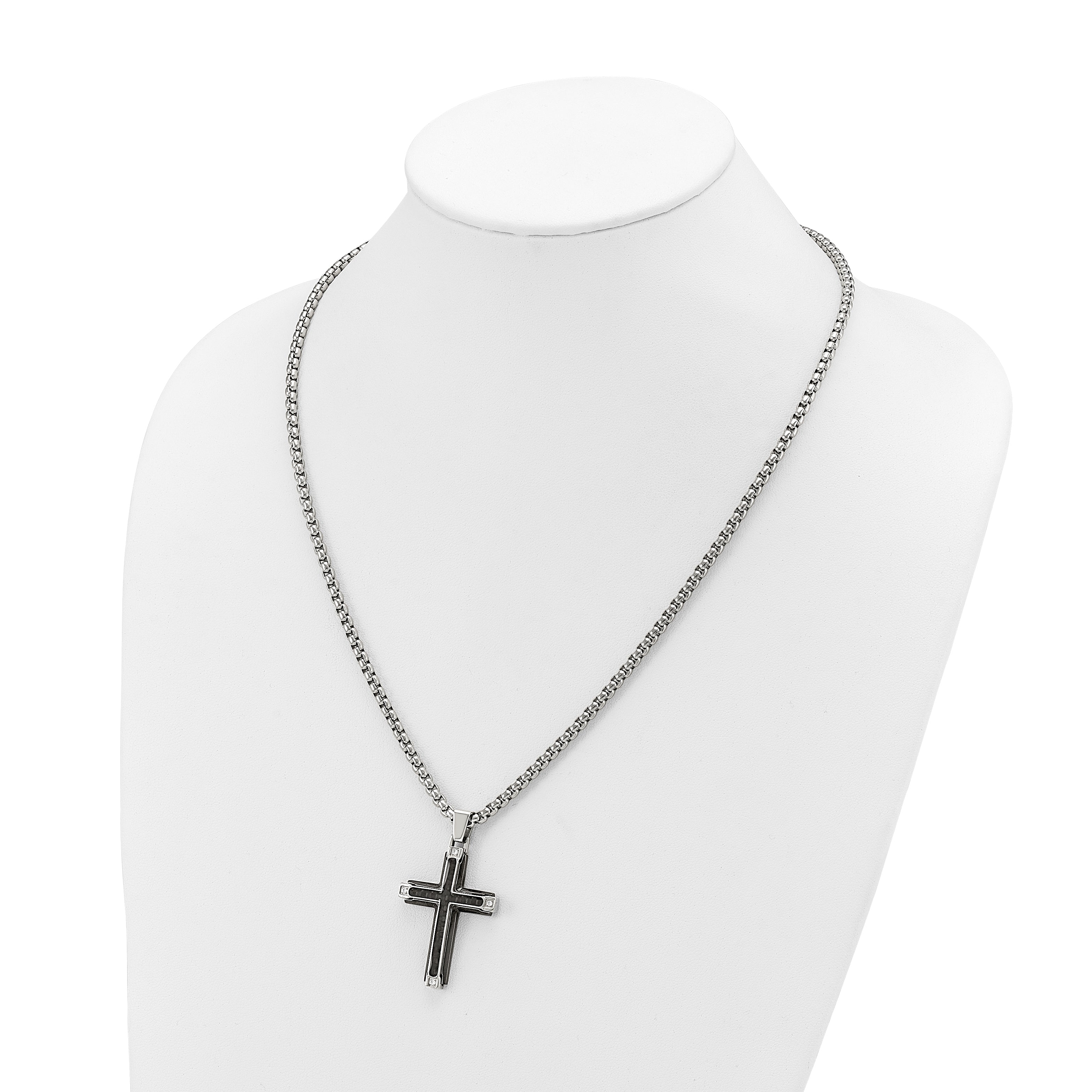 Men's Polished Cubic Zirconia Cross Stainless Steel Box Chain Necklace 3.4mm