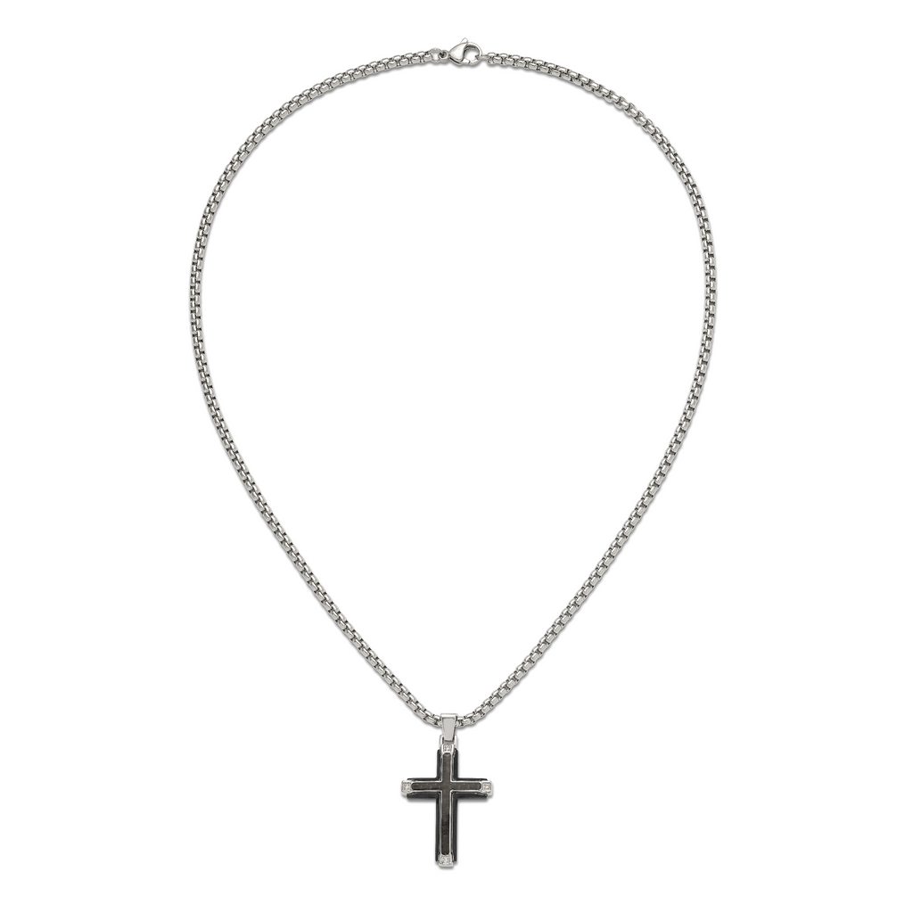 Men's Polished Cubic Zirconia Cross Stainless Steel Box Chain Necklace 3.4mm
