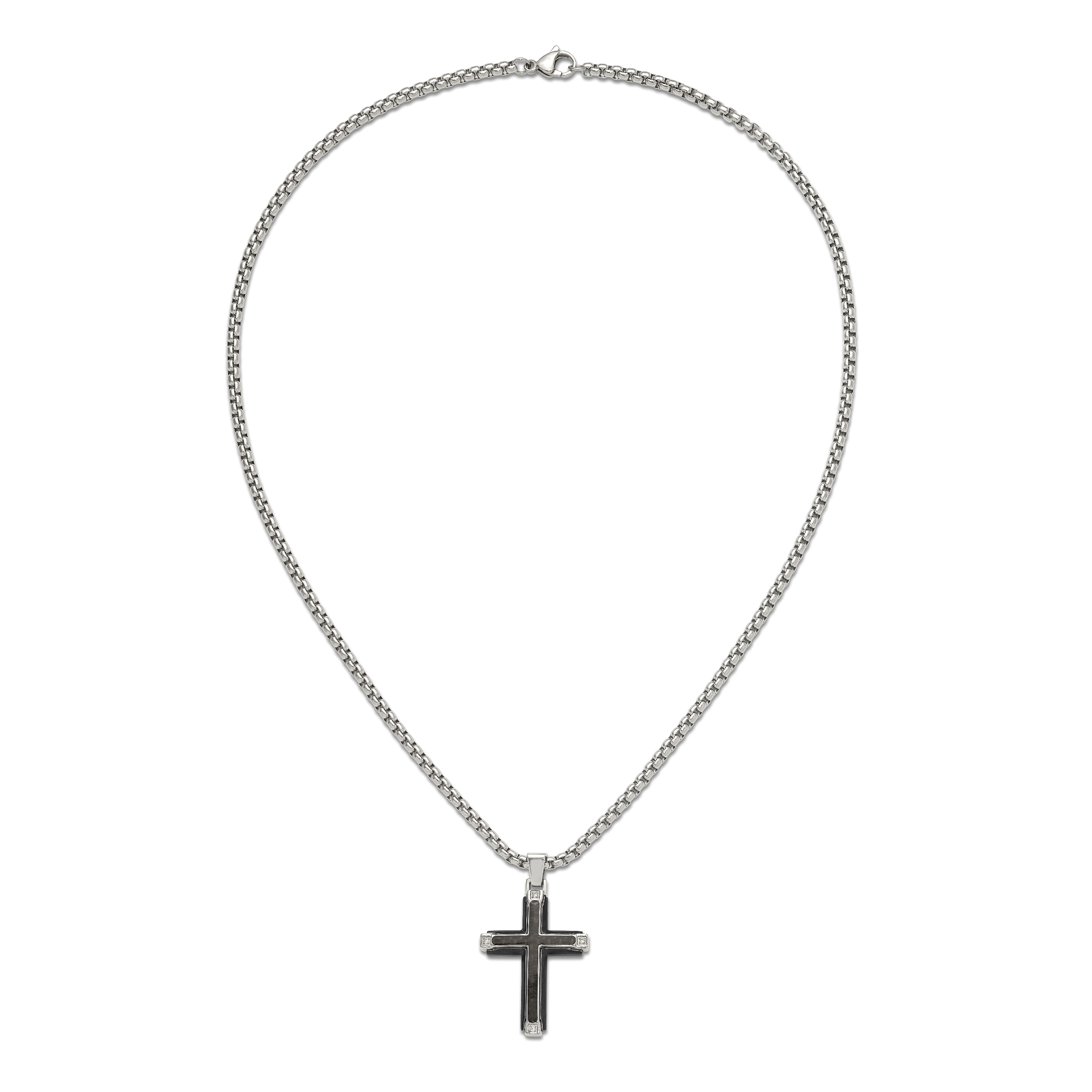 Men's Polished Cubic Zirconia Cross Stainless Steel Box Chain Necklace 3.4mm