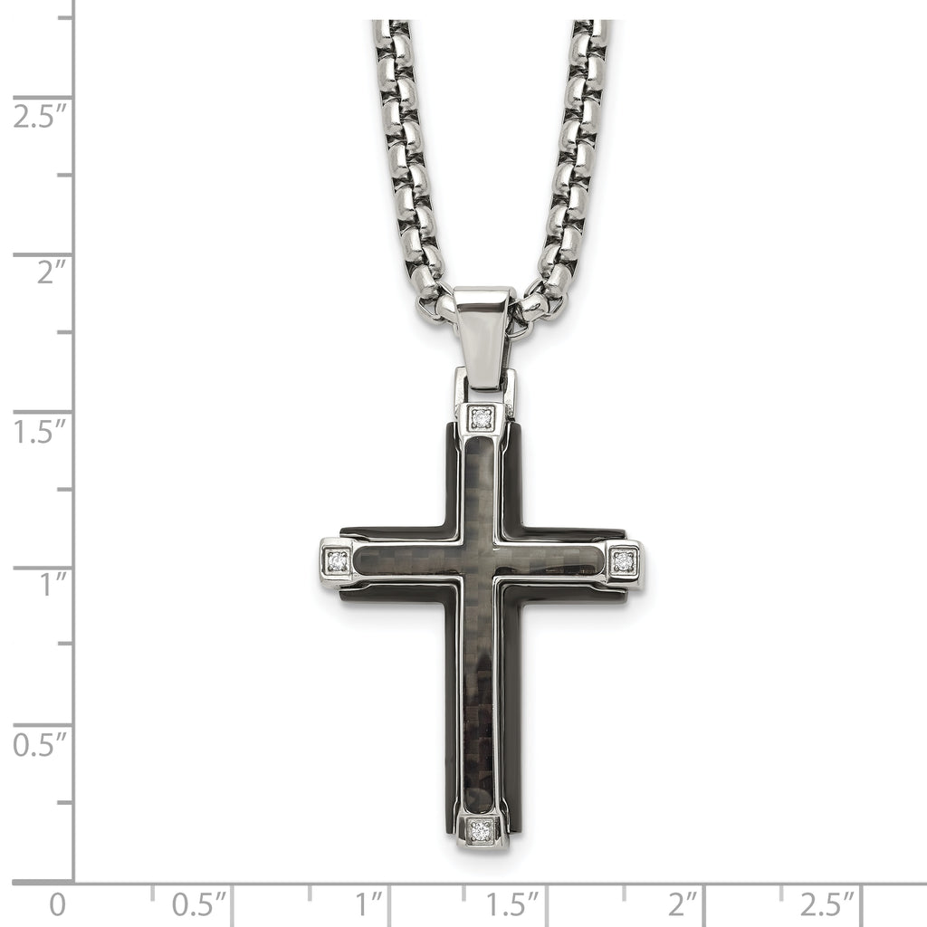 Men's Polished Cubic Zirconia Cross Stainless Steel Box Chain Necklace 3.4mm