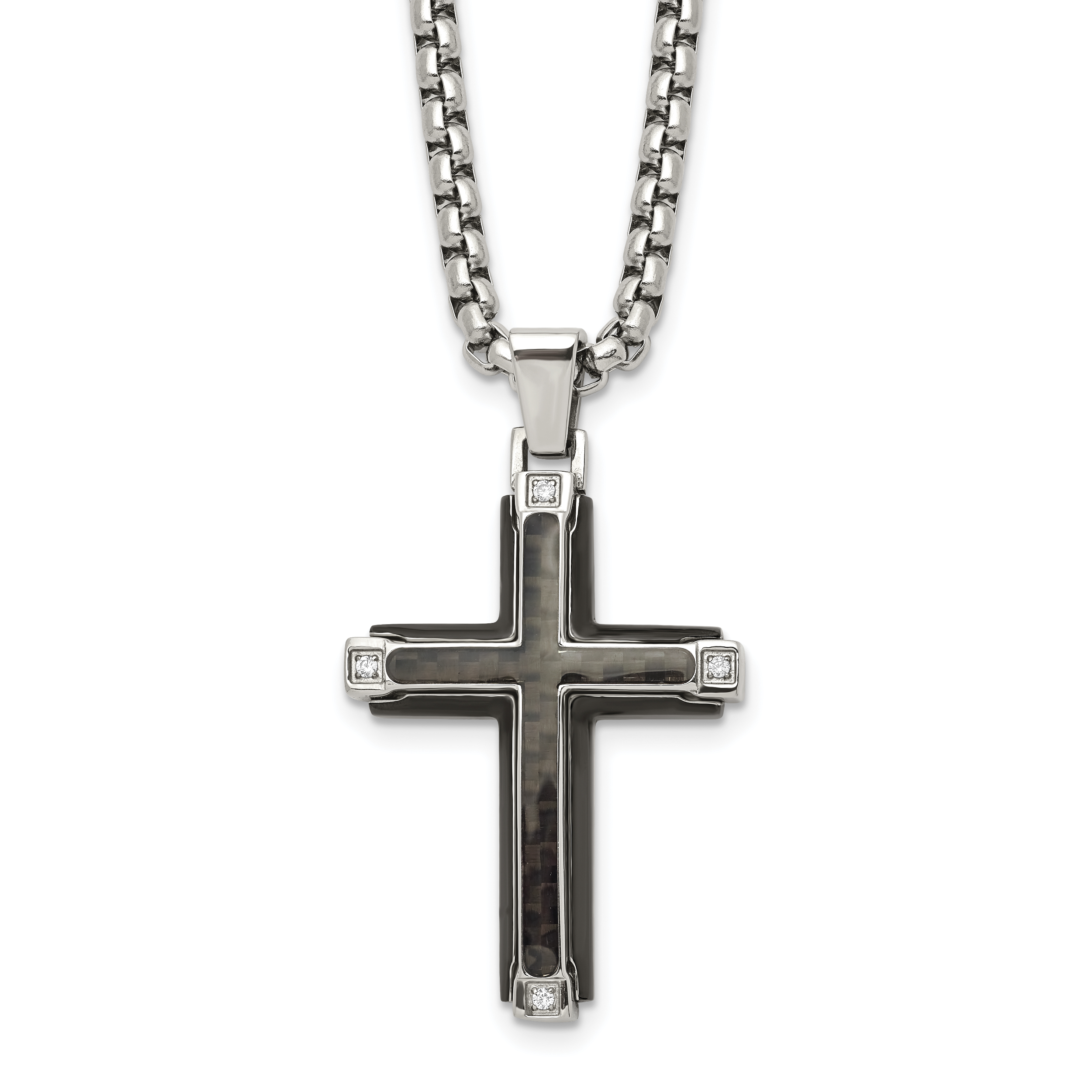 Men's Polished Cubic Zirconia Cross Stainless Steel Box Chain Necklace 3.4mm