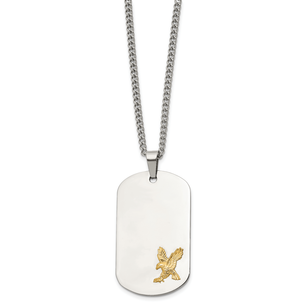 Men's Polished Eagle Stainless Steel 14K Gold Accent Curb Chain Pendant Necklace 3mm