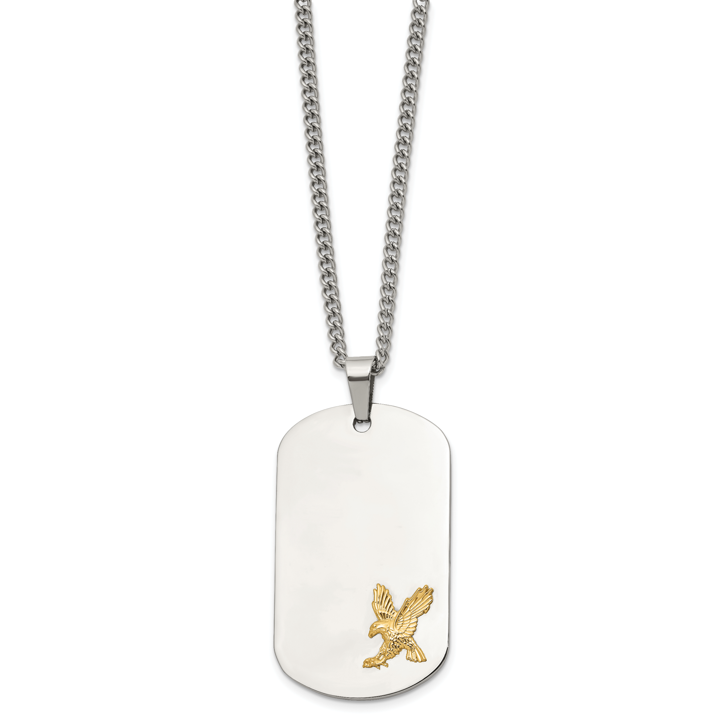Men's Polished Eagle Stainless Steel 14K Gold Accent Curb Chain Pendant Necklace 3mm