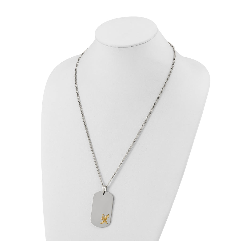 Men's Polished Eagle Stainless Steel 14K Gold Accent Curb Chain Pendant Necklace 3mm