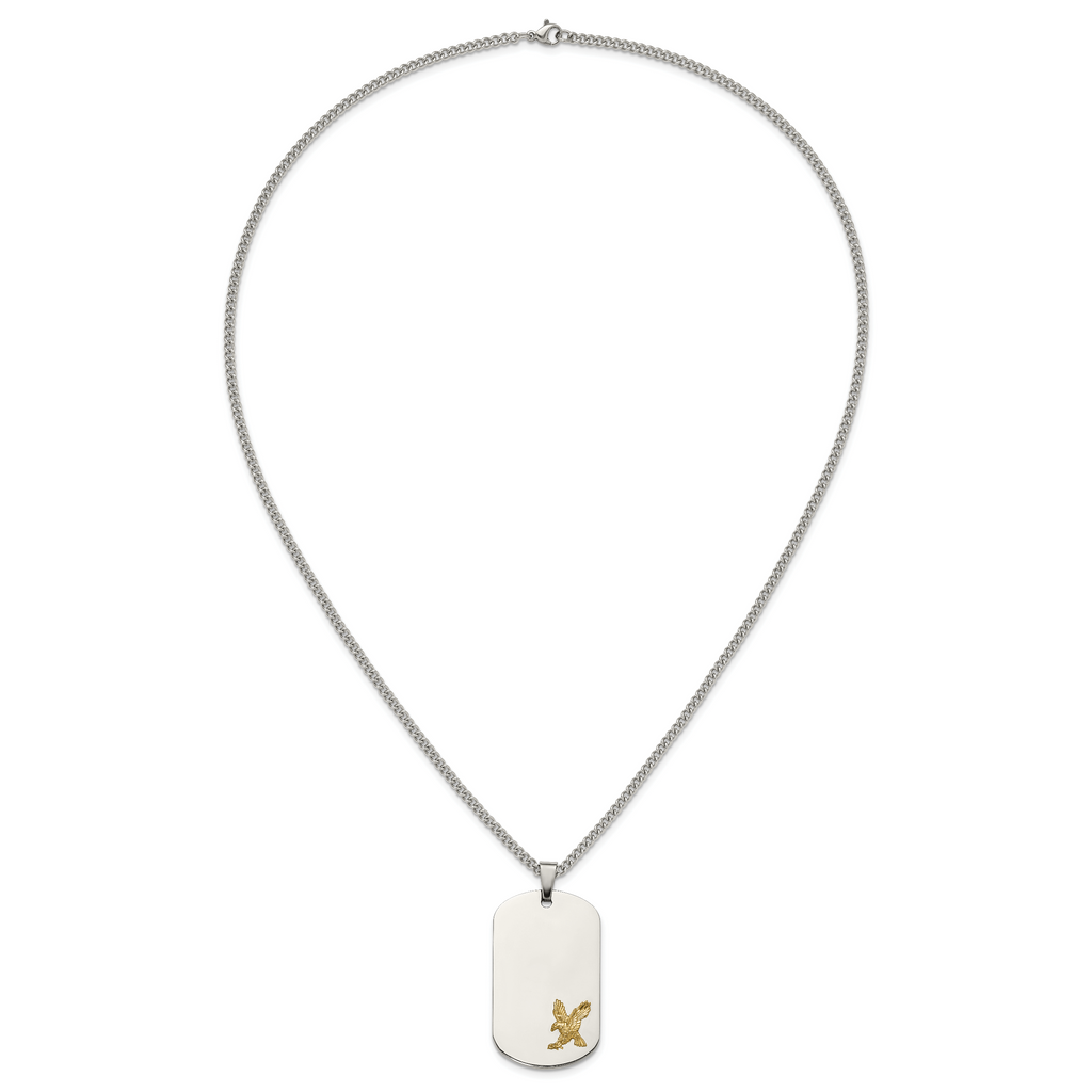 Men's Polished Eagle Stainless Steel 14K Gold Accent Curb Chain Pendant Necklace 3mm
