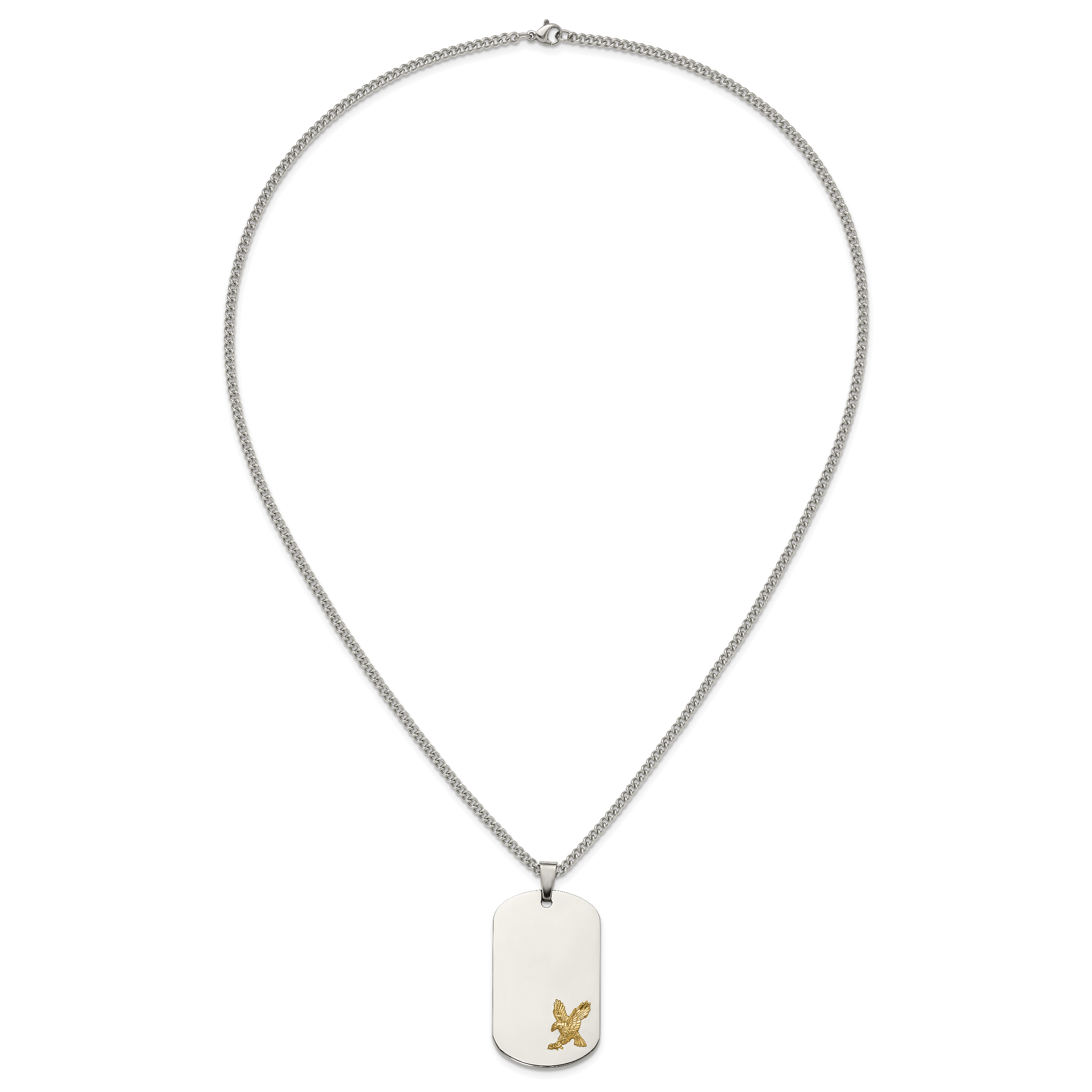 Men's Polished Eagle Stainless Steel 14K Gold Accent Curb Chain Pendant Necklace 3mm