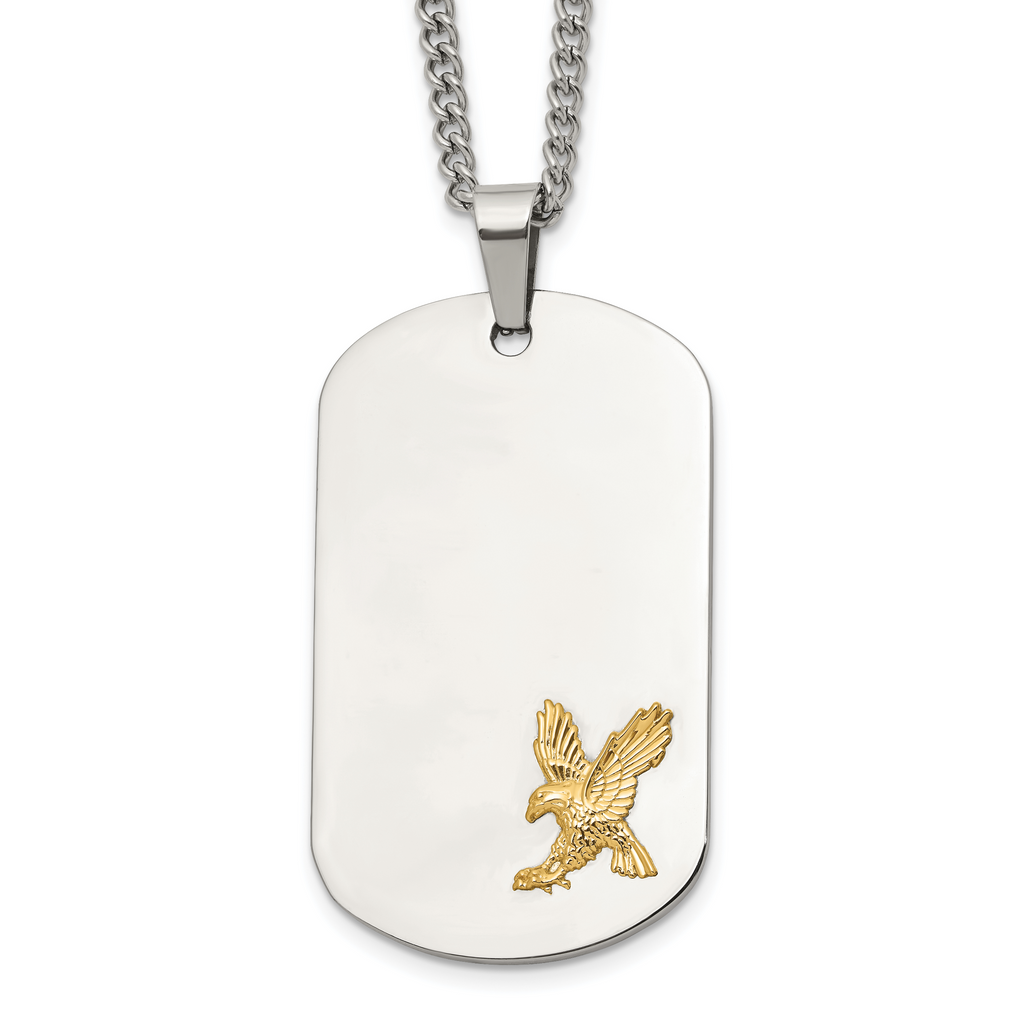 Men's Polished Eagle Stainless Steel 14K Gold Accent Curb Chain Pendant Necklace 3mm