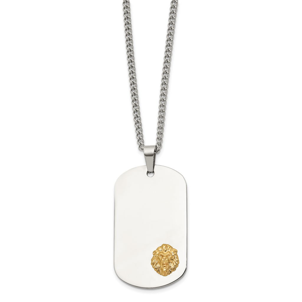 Men's Polished Lion Stainless Steel 14K Gold Accent Curb Chain Pendant Necklace 3mm