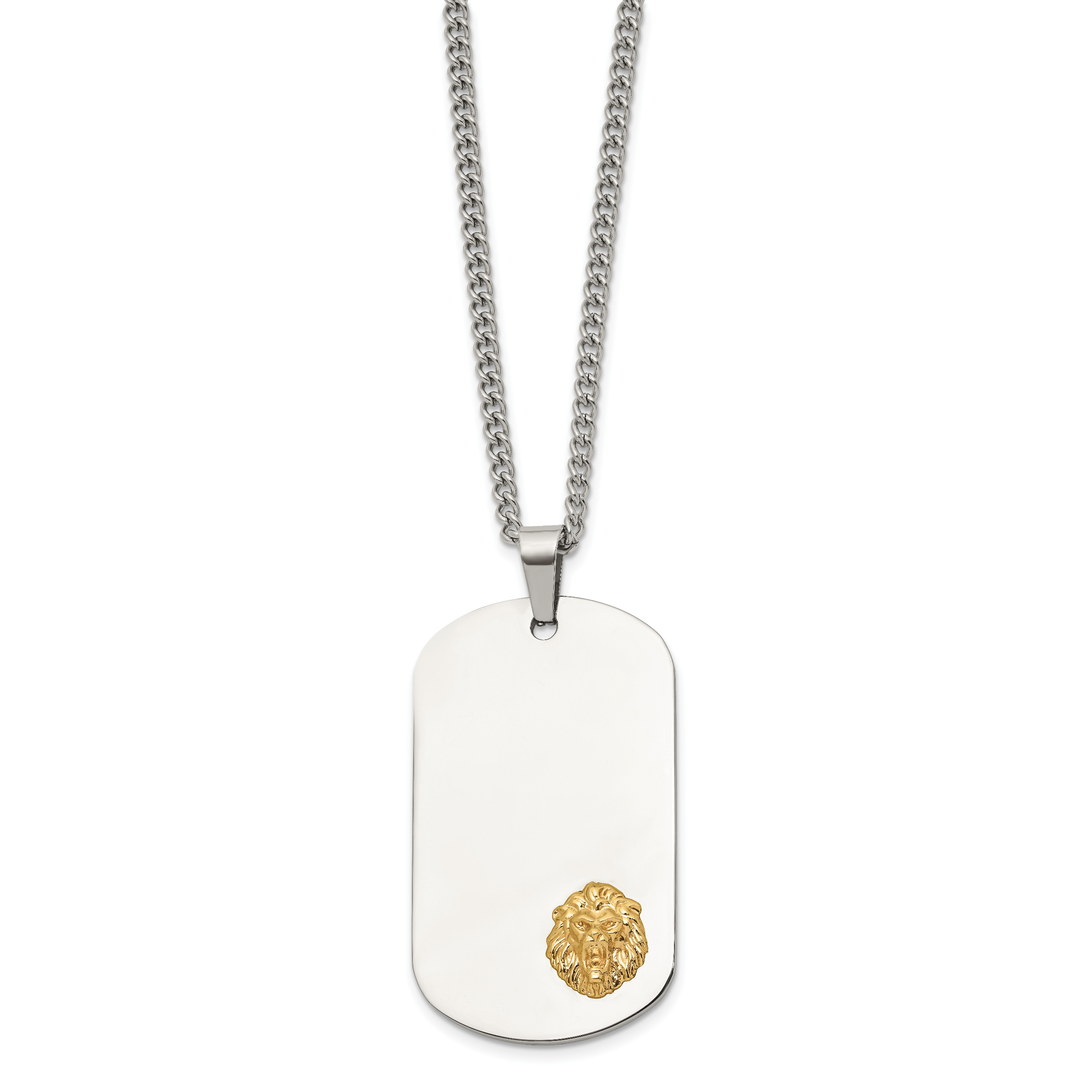 Men's Polished Lion Stainless Steel 14K Gold Accent Curb Chain Pendant Necklace 3mm