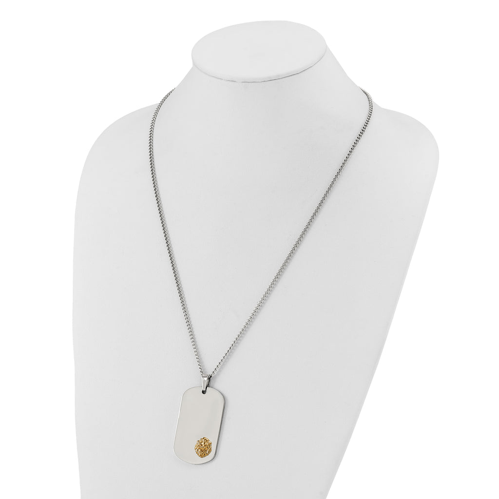 Men's Polished Lion Stainless Steel 14K Gold Accent Curb Chain Pendant Necklace 3mm
