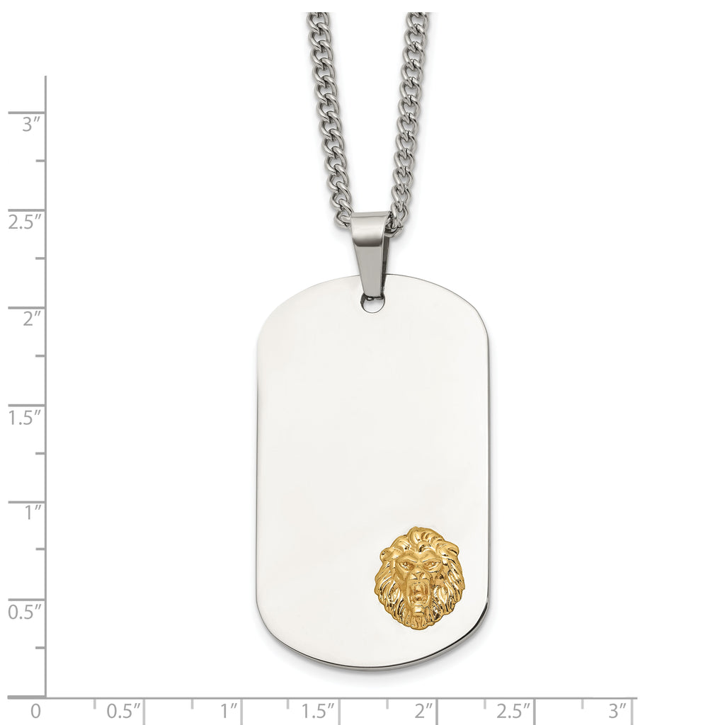 Men's Polished Lion Stainless Steel 14K Gold Accent Curb Chain Pendant Necklace 3mm