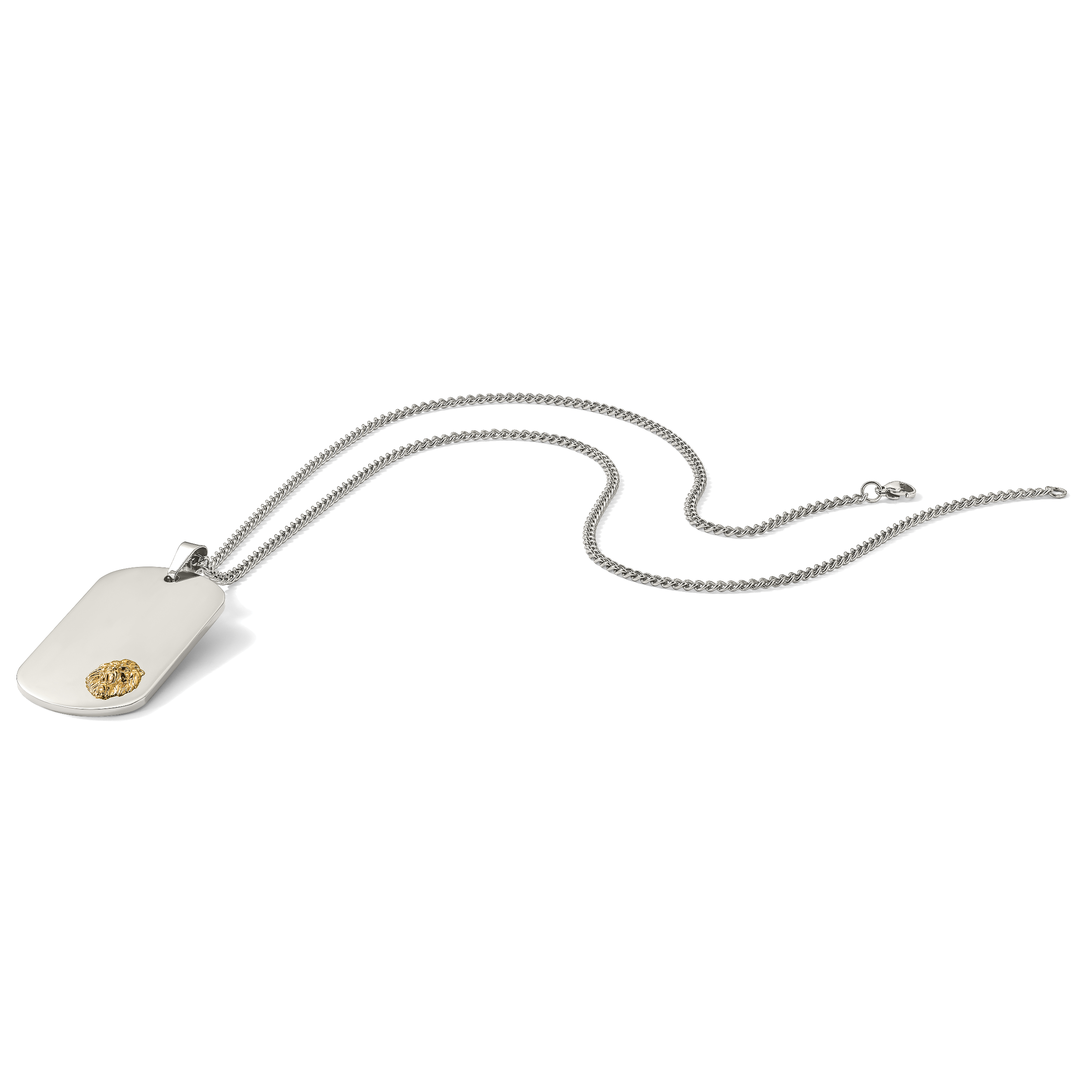 Men's Polished Lion Stainless Steel 14K Gold Accent Curb Chain Pendant Necklace 3mm