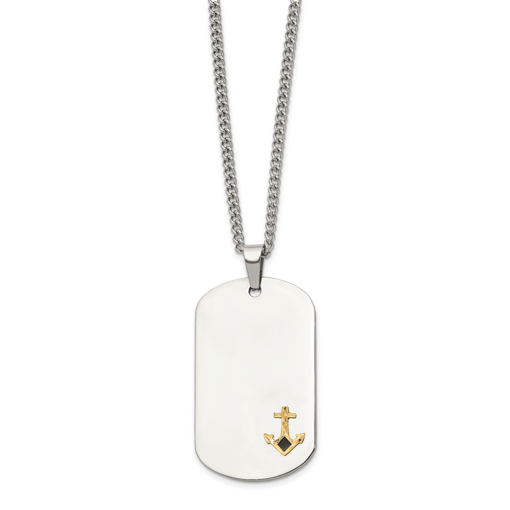 Men's Polished Anchor Stainless Steel 14K Gold Accent Curb Chain Pendant Necklace 3mm